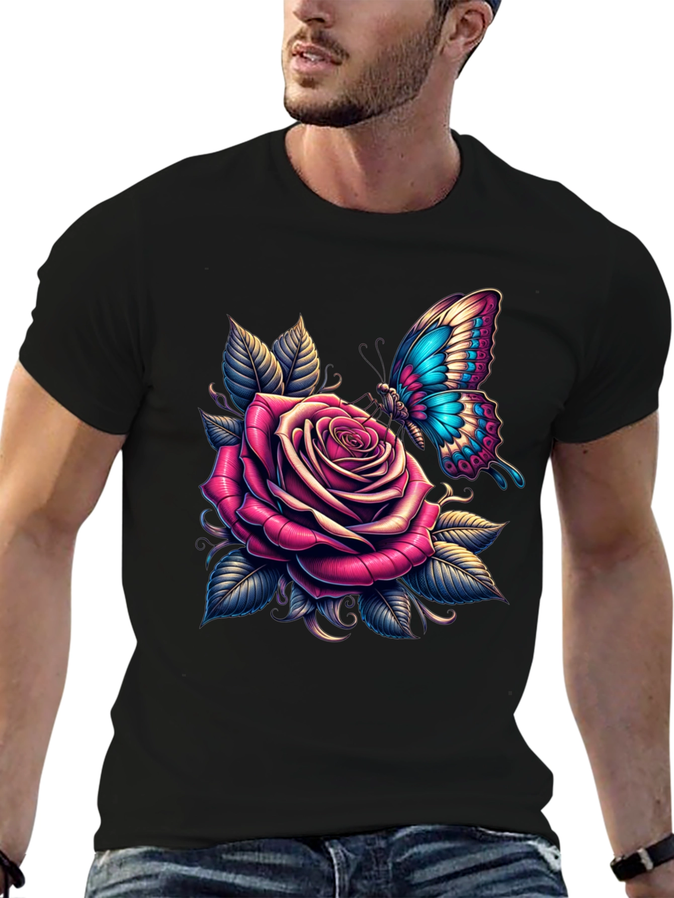 Black Rose & Butterfly Graphic Tee - Stylish Black T-Shirt view 6