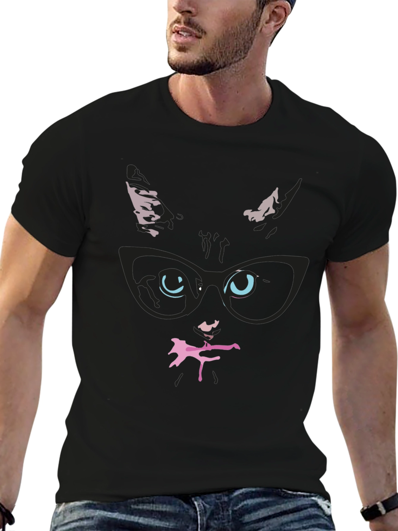 Black Cool Cat in Glasses T-Shirt view 6