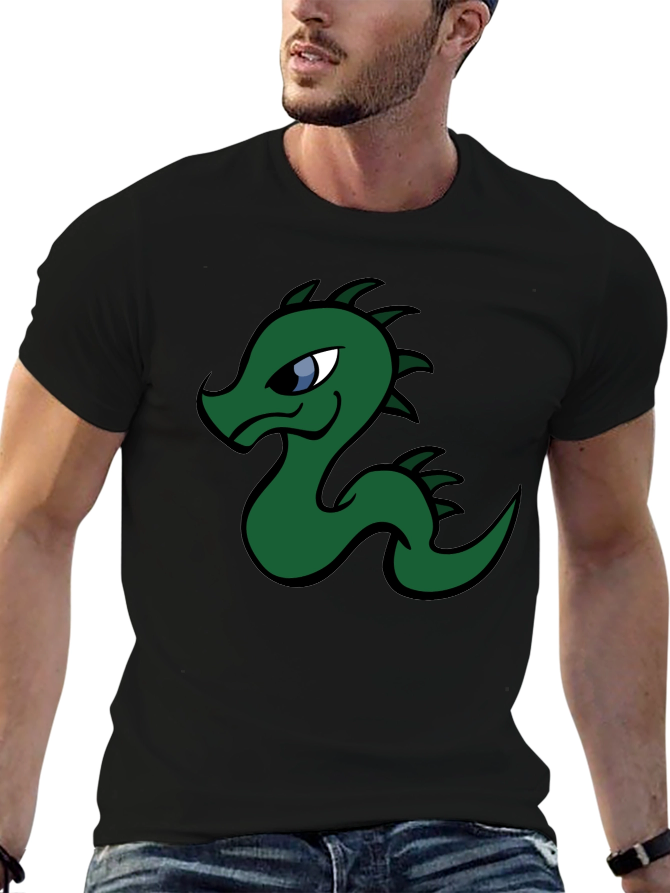 Black Cartoon Dragon Graphic Tee - Black Cotton T-Shirt view 6