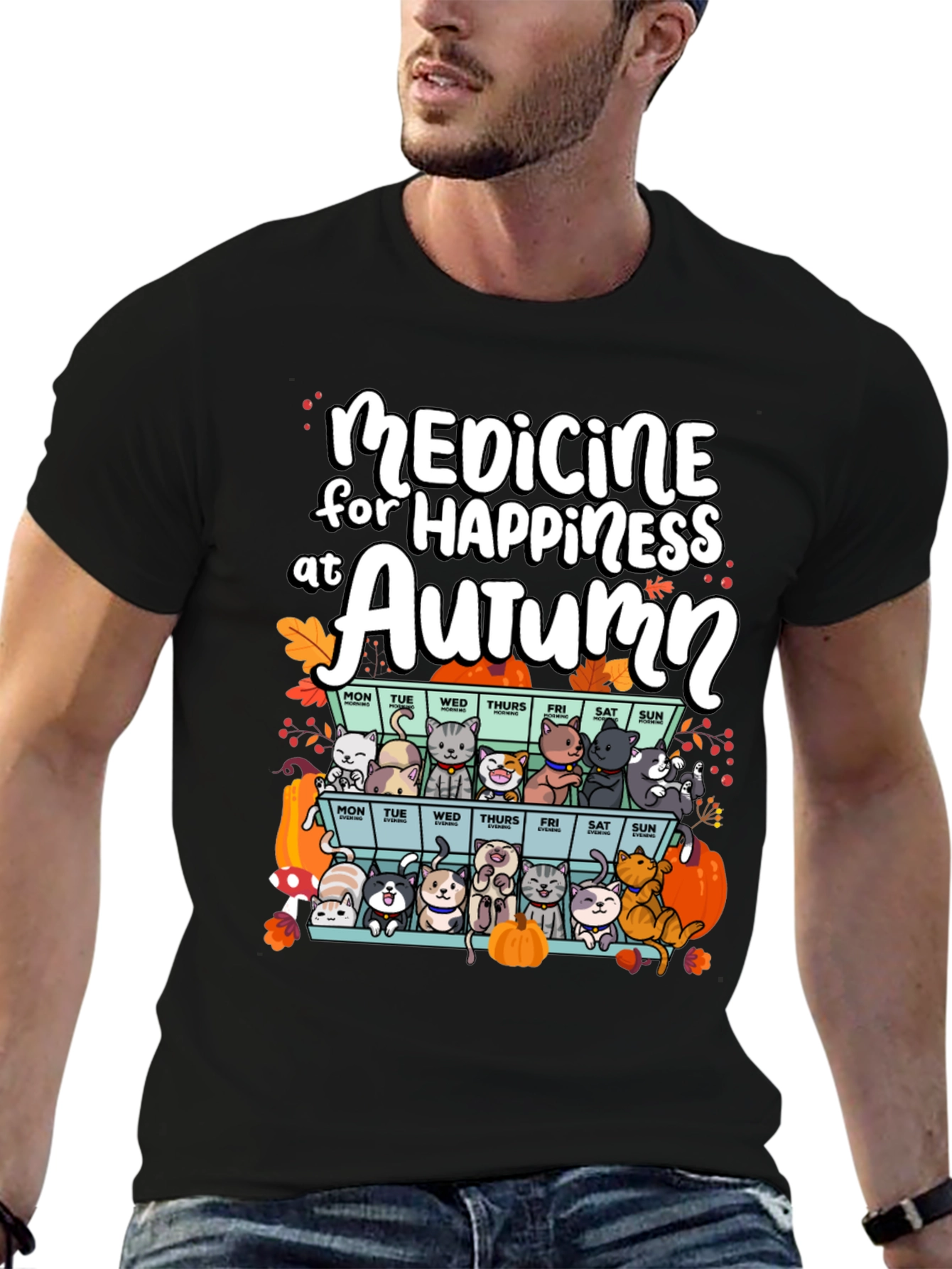 Black Autumn Cats Happiness Medicine T-Shirt view 6