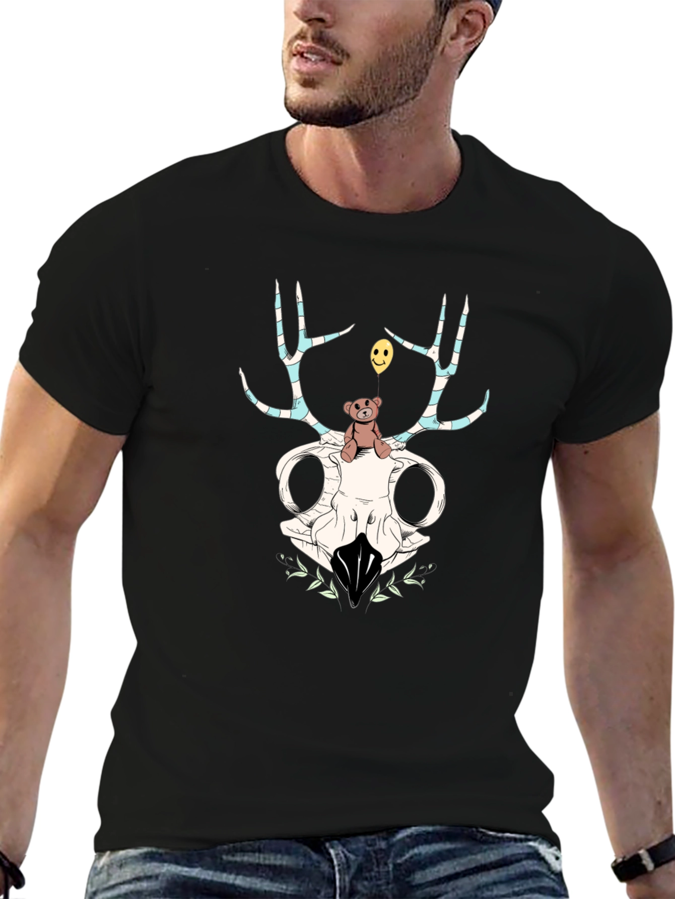 Black Skull & Teddy Graphic Print Men's Black Tee view 6