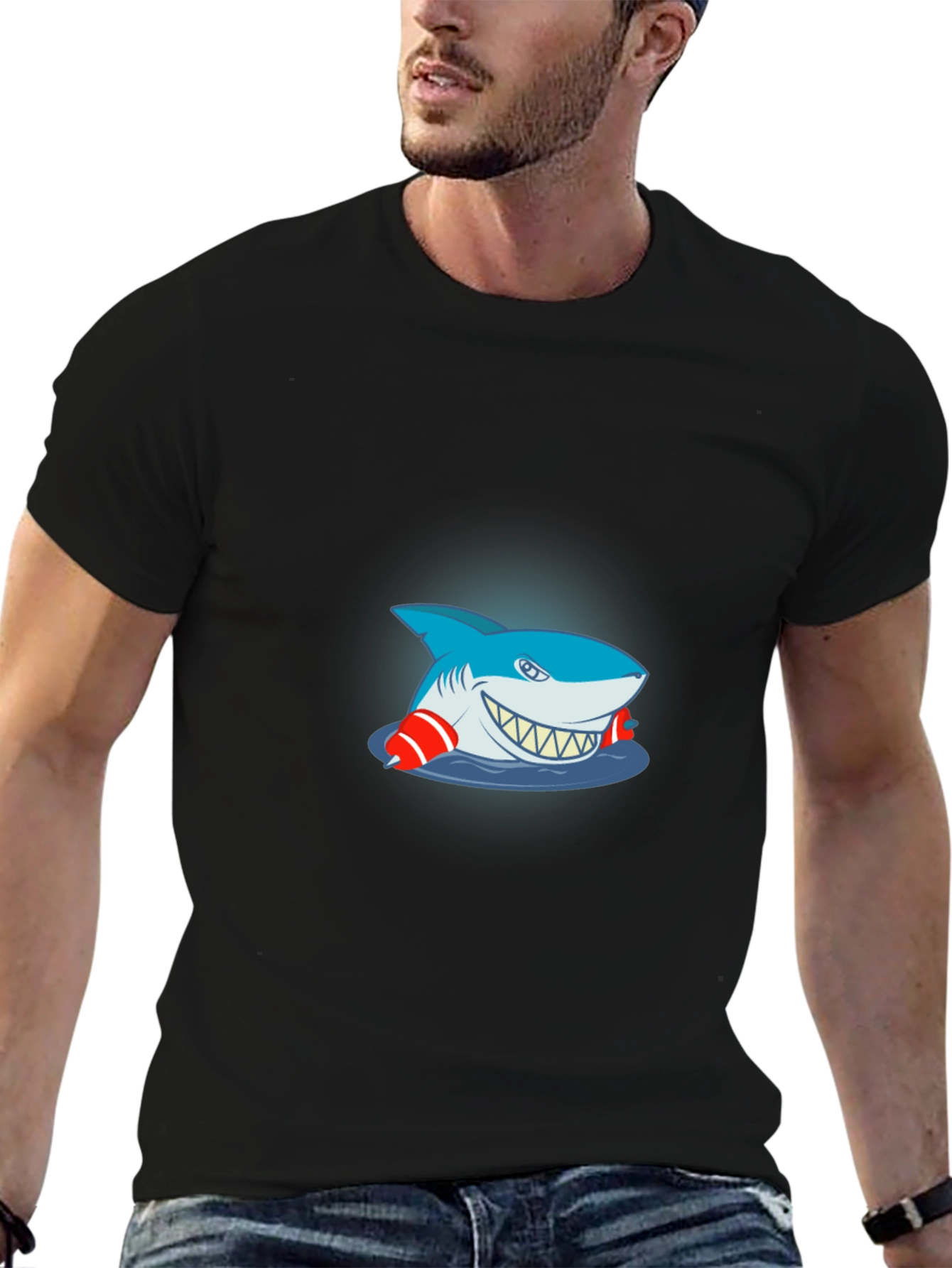 Black Cartoon Shark Graphic Tee - Black Cotton T-Shirt view 6