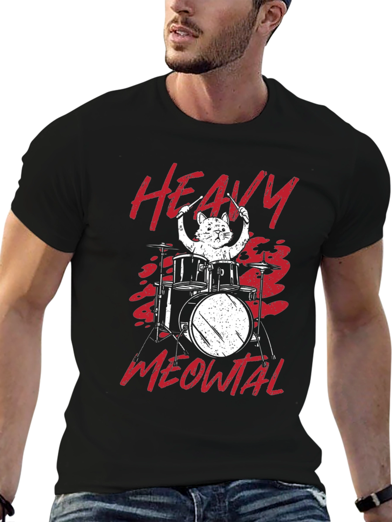 Black Heavy Meowtal Cat Drummer T-Shirt view 6