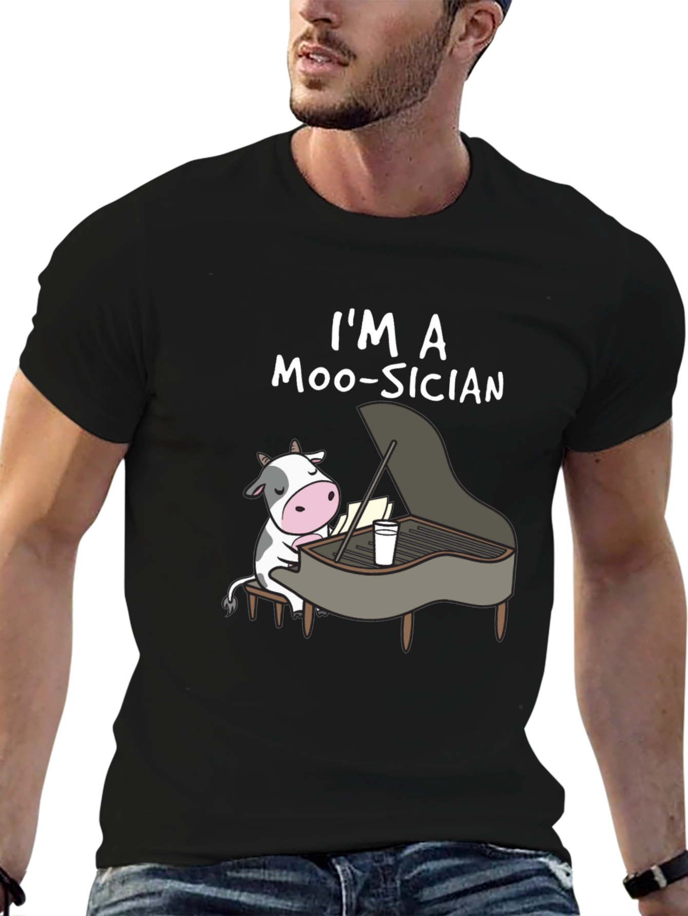 Black I'm a Moo-sician Funny Cow Piano T-Shirt view 6