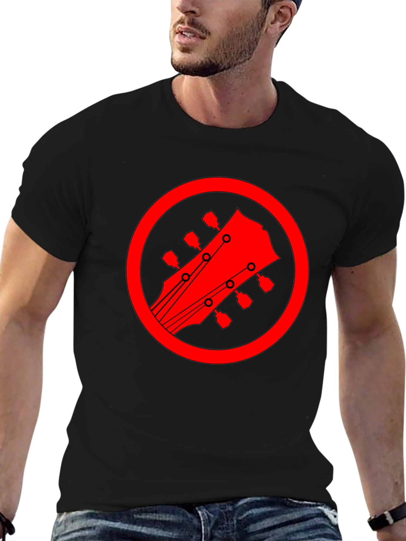 Black Guitar Headstock Graphic Tee - Black Cotton Blend view 6