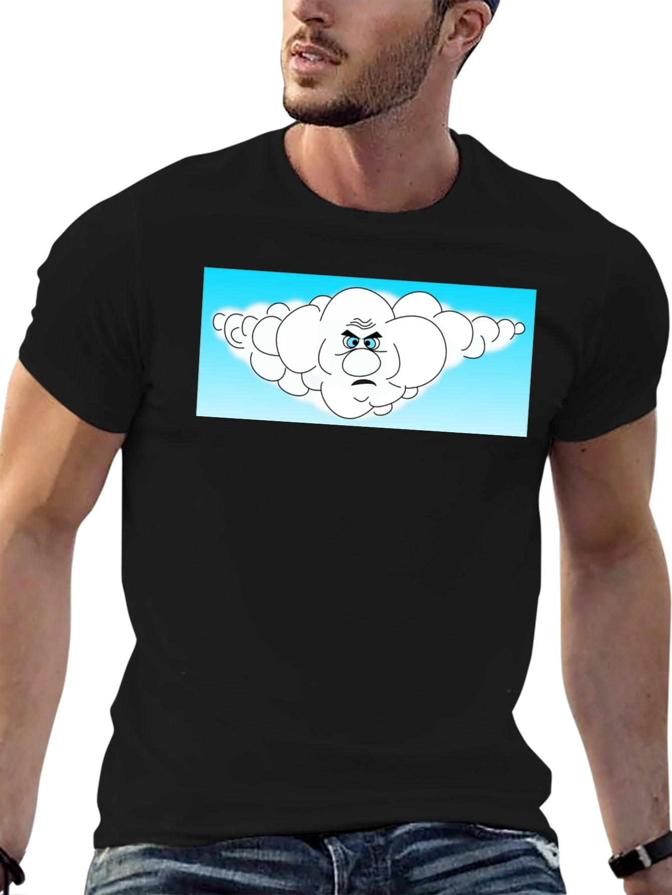 Black Grumpy Cloud Cartoon Black T-Shirt view 6