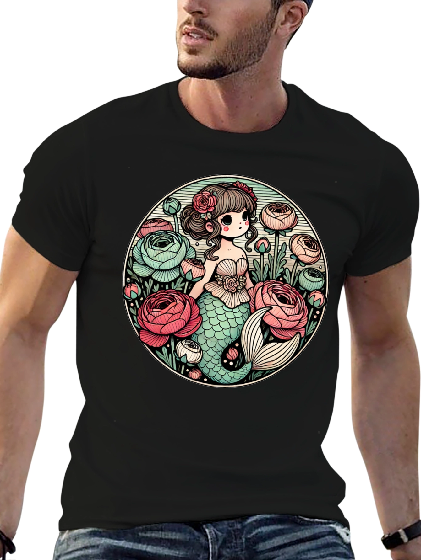 Black Mermaid & Flowers Graphic Tee - Black view 6