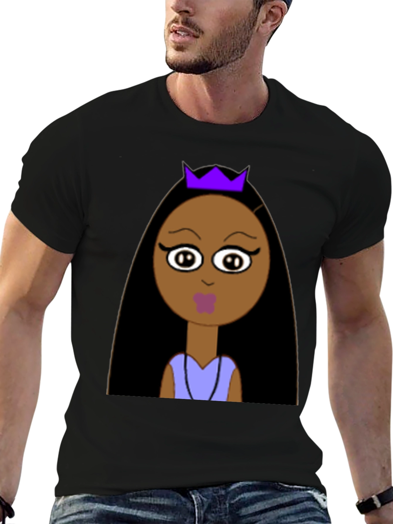 Black Cartoon Princess Graphic Tee - Unisex Black T-Shirt view 6