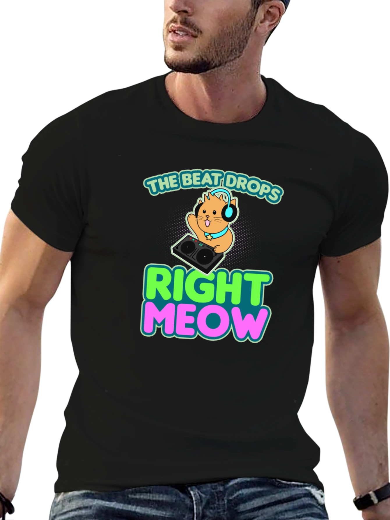 Black The Beat Drops Right Meow DJ Cat T-Shirt view 6