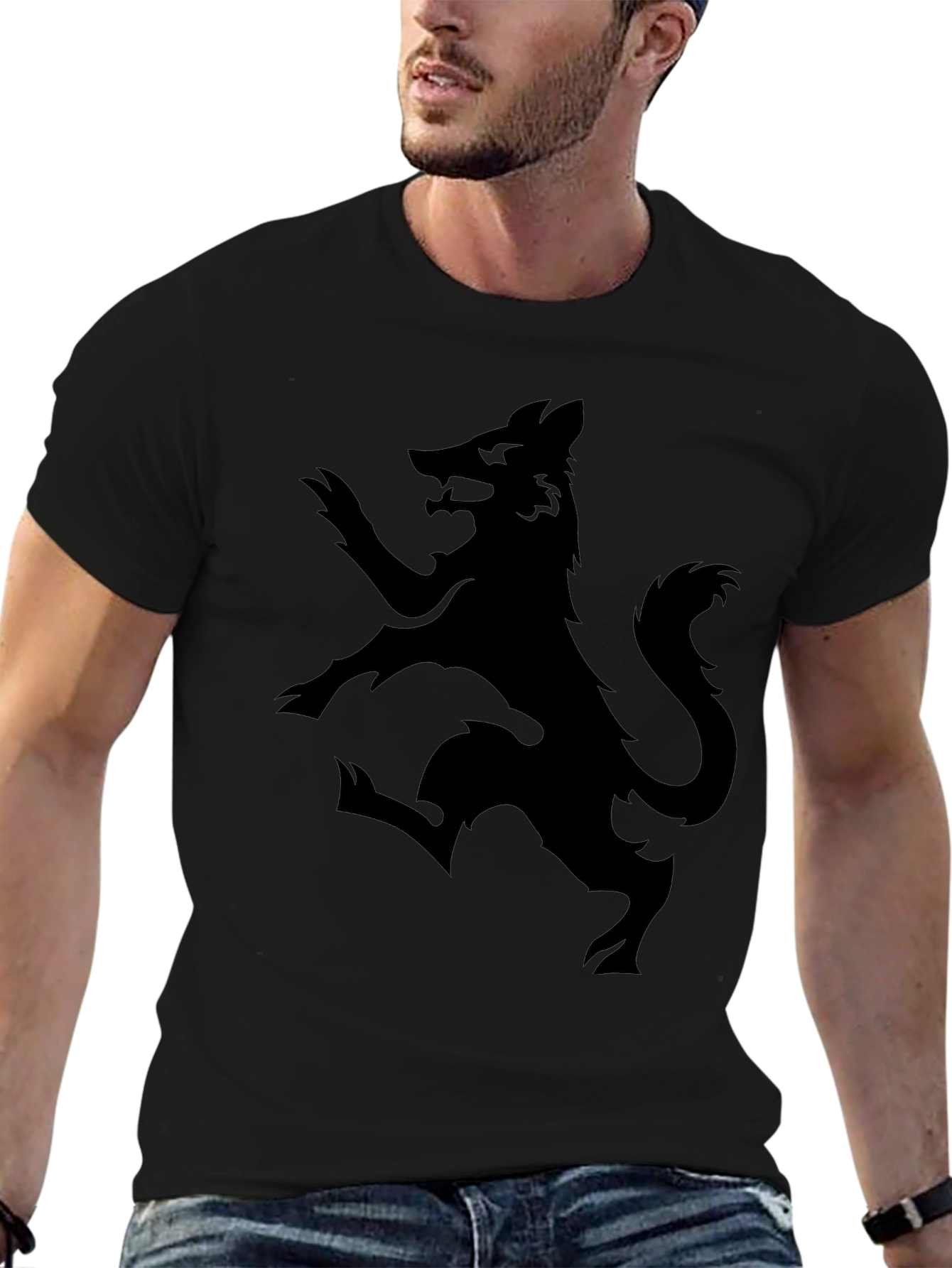 Black Men's Black Graphic Tee - Rampant Wolf Design view 6