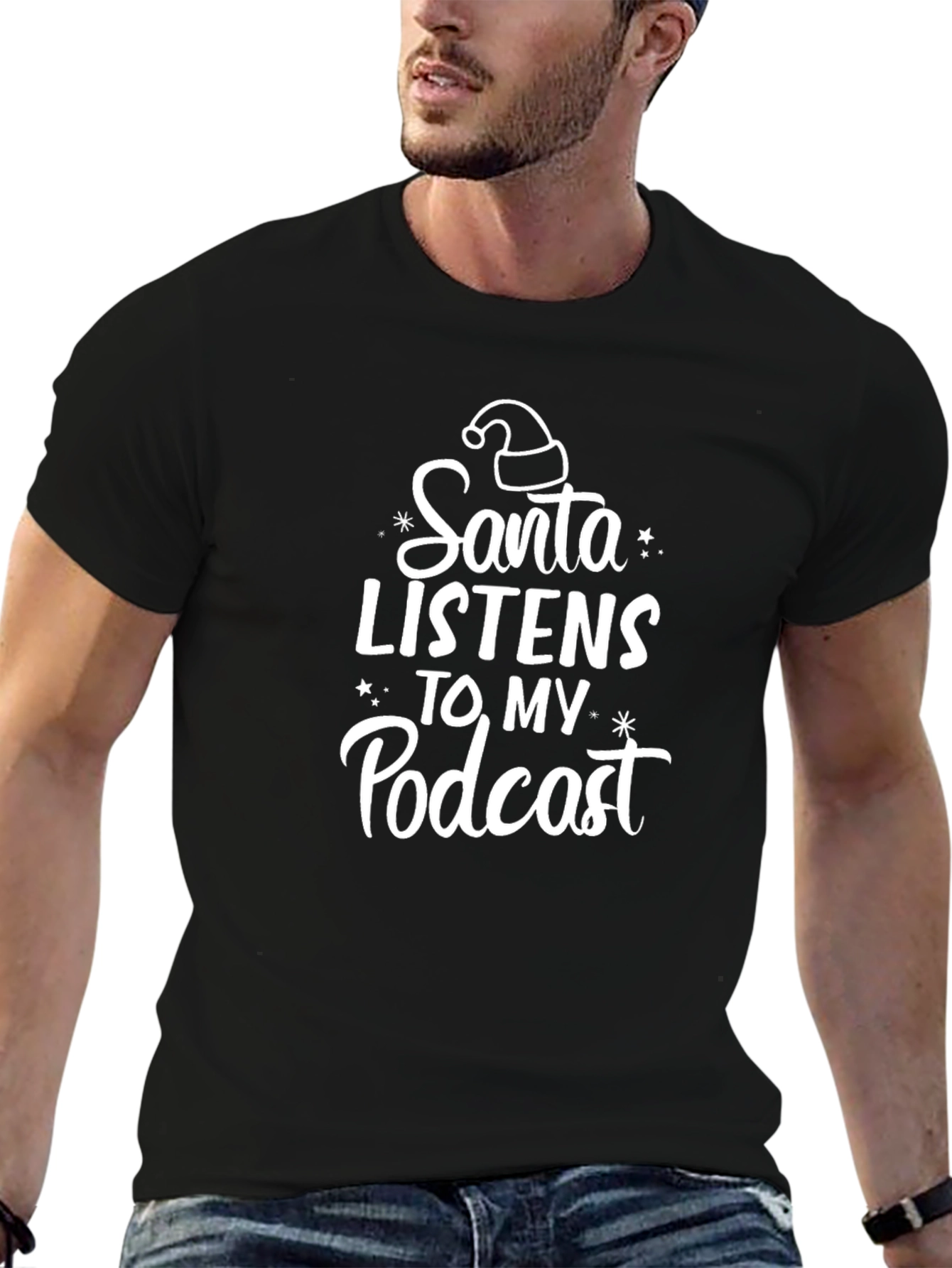 Black Santa Listens To My Podcast T-Shirt view 6