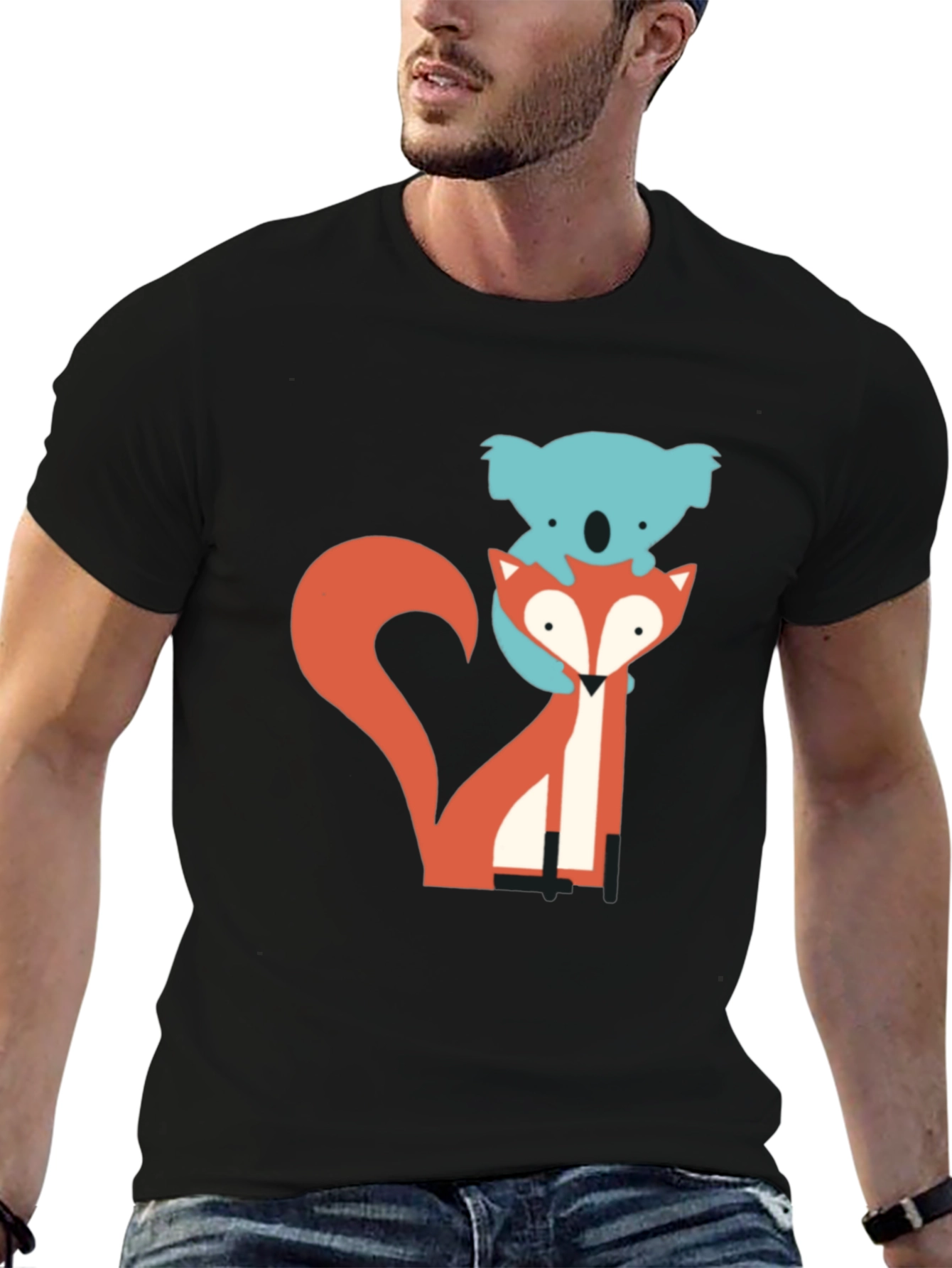 Black Koala Riding Fox Graphic Tee - Black Cotton T-Shirt view 6