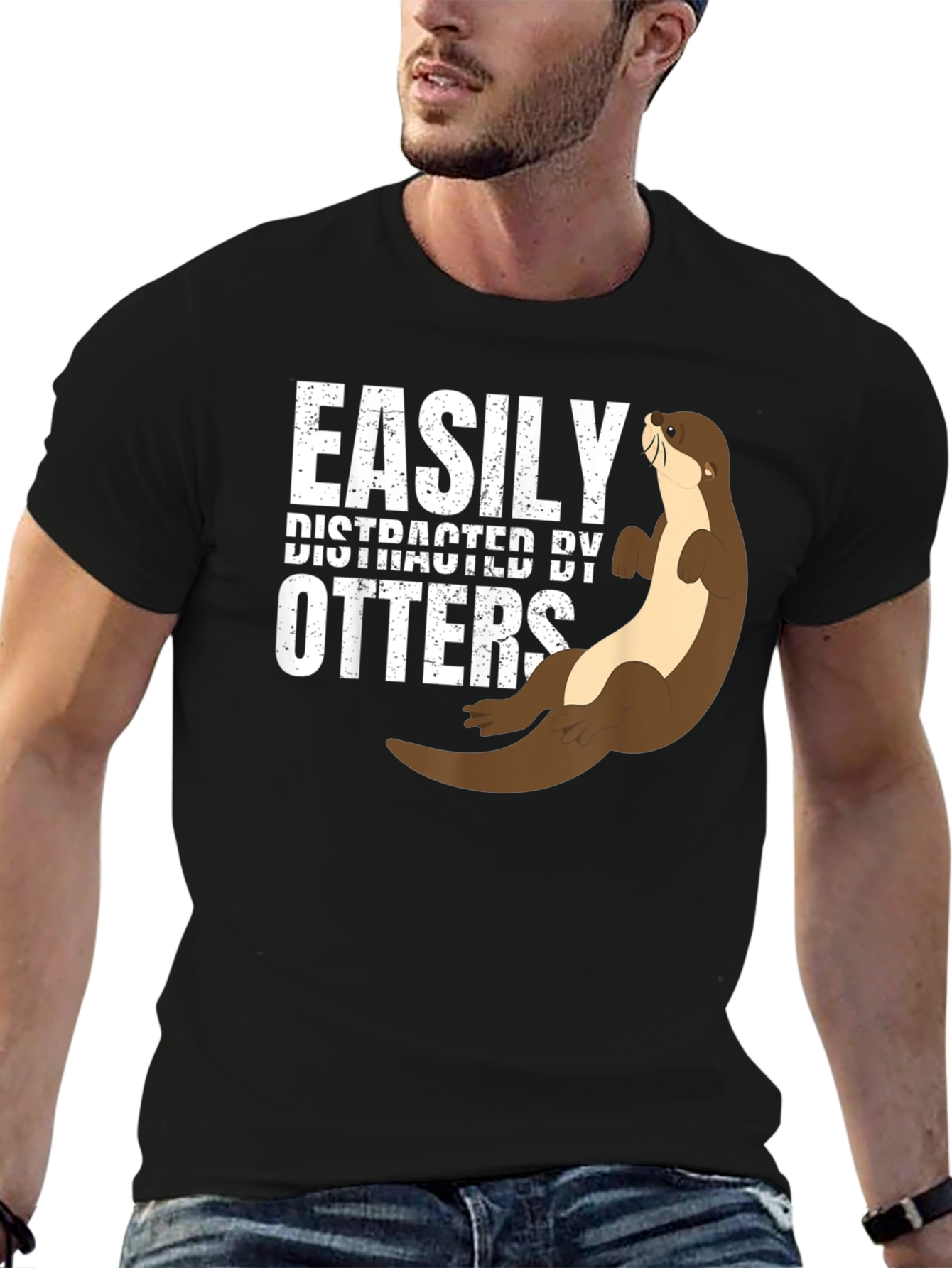 Black Easily Distracted By Otters Funny Graphic Tee view 6