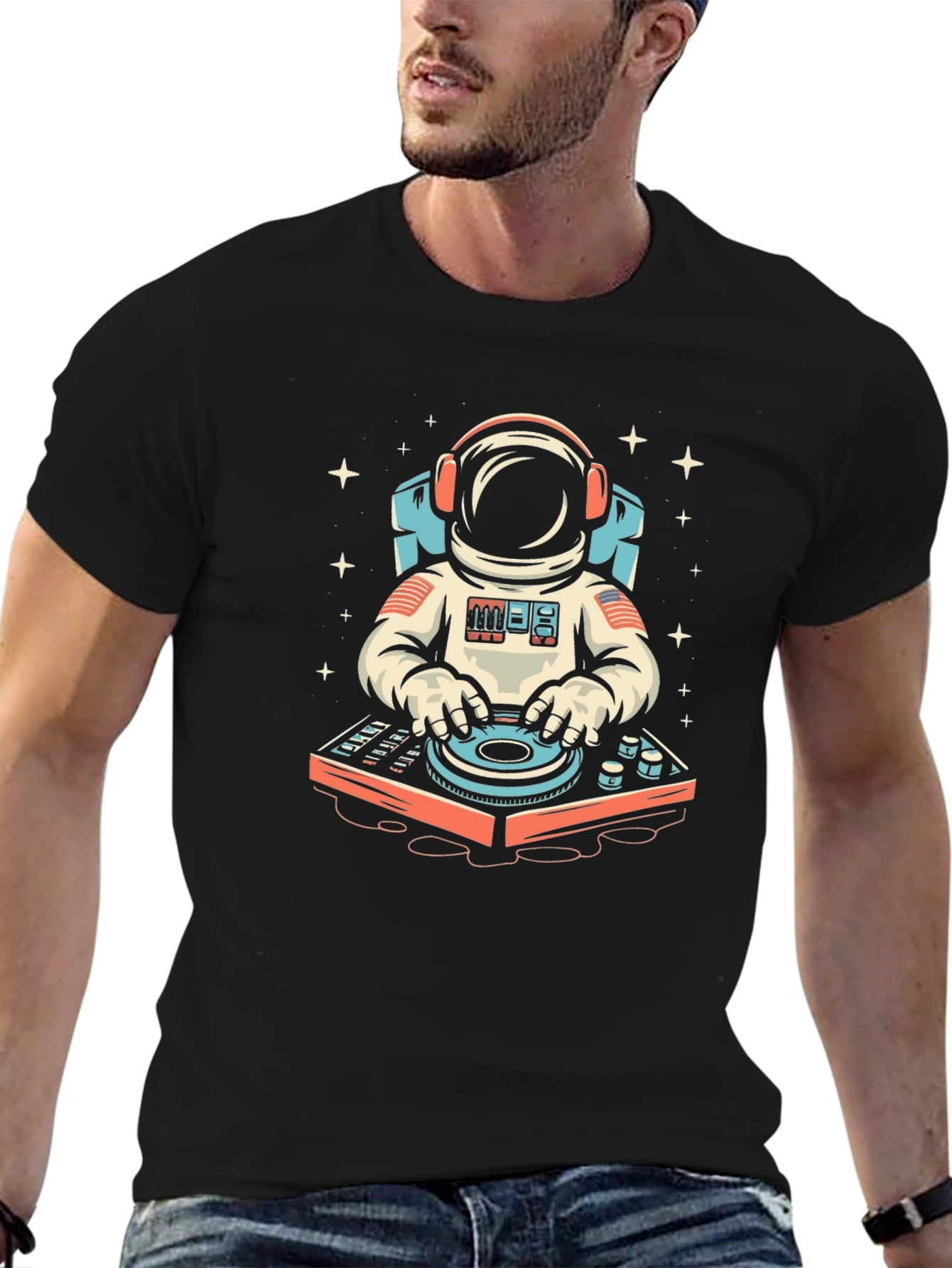 Black Astronaut DJ Graphic Tee - Space Music Lover T-Shirt view 6