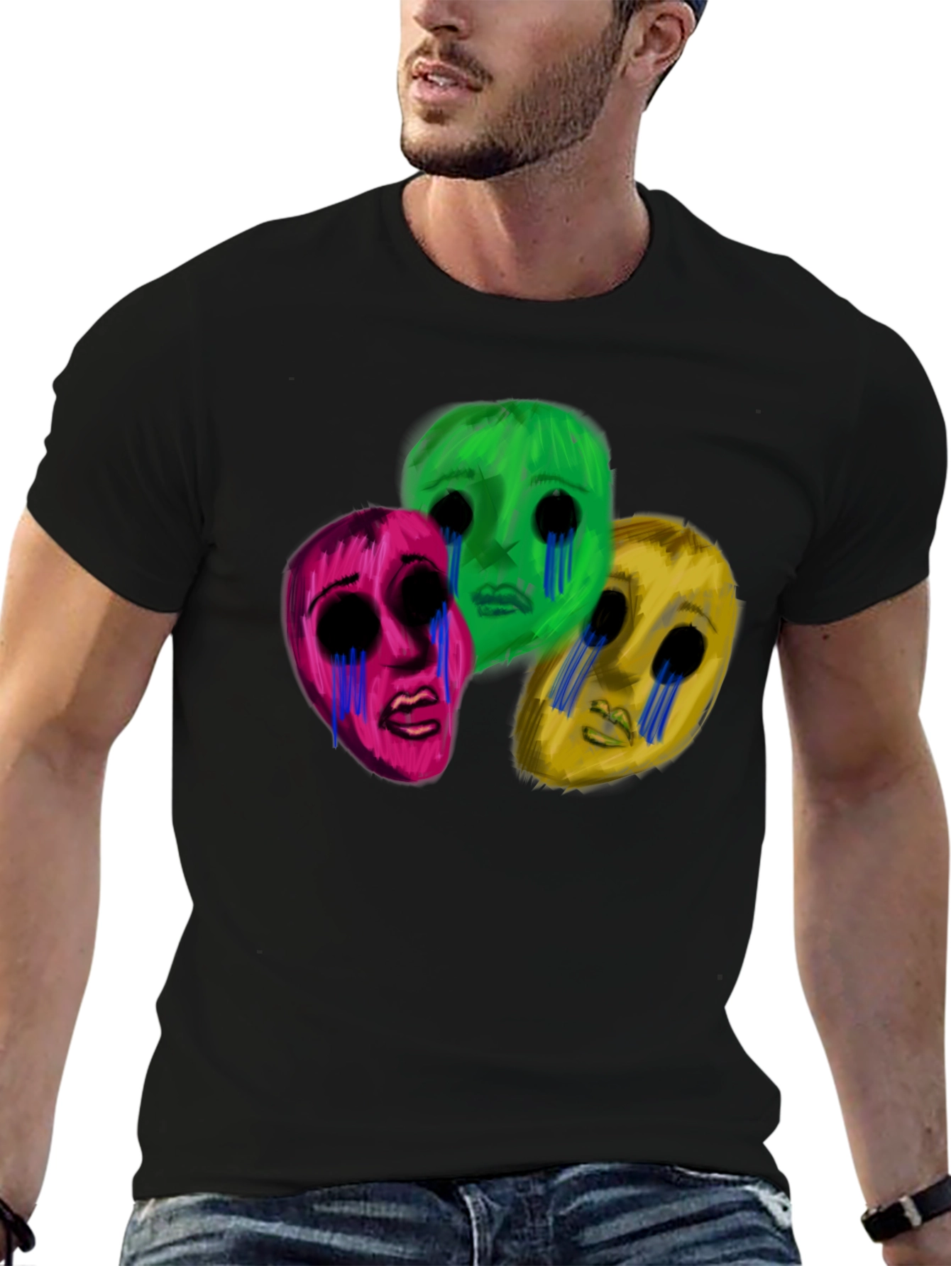 Black Men's Black T-Shirt with Three Crying Faces view 6