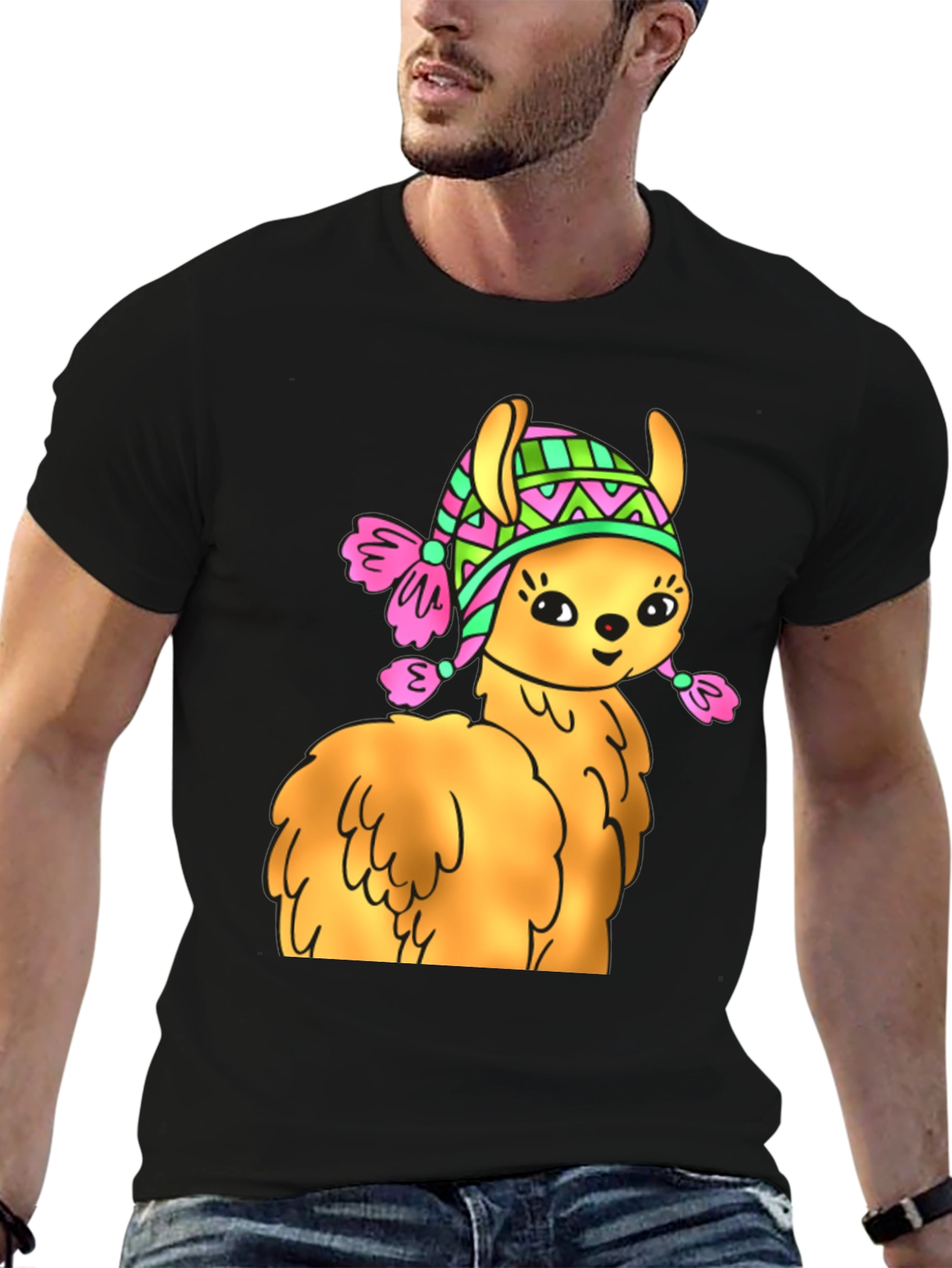 Black Cute Llama Wearing Hat T-Shirt view 6