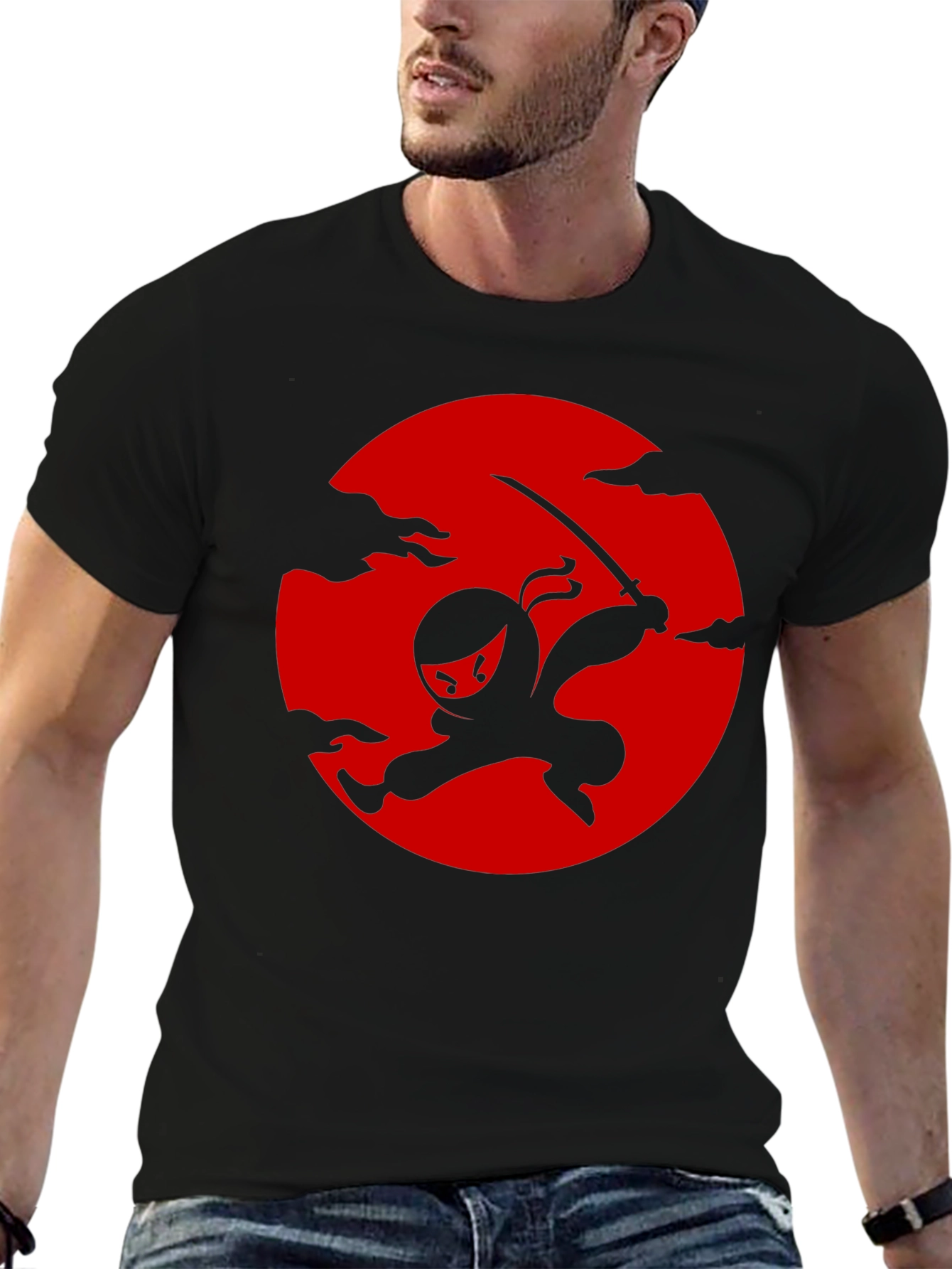 Black Ninja Silhouette Graphic Tee - Black Cotton T-Shirt view 6