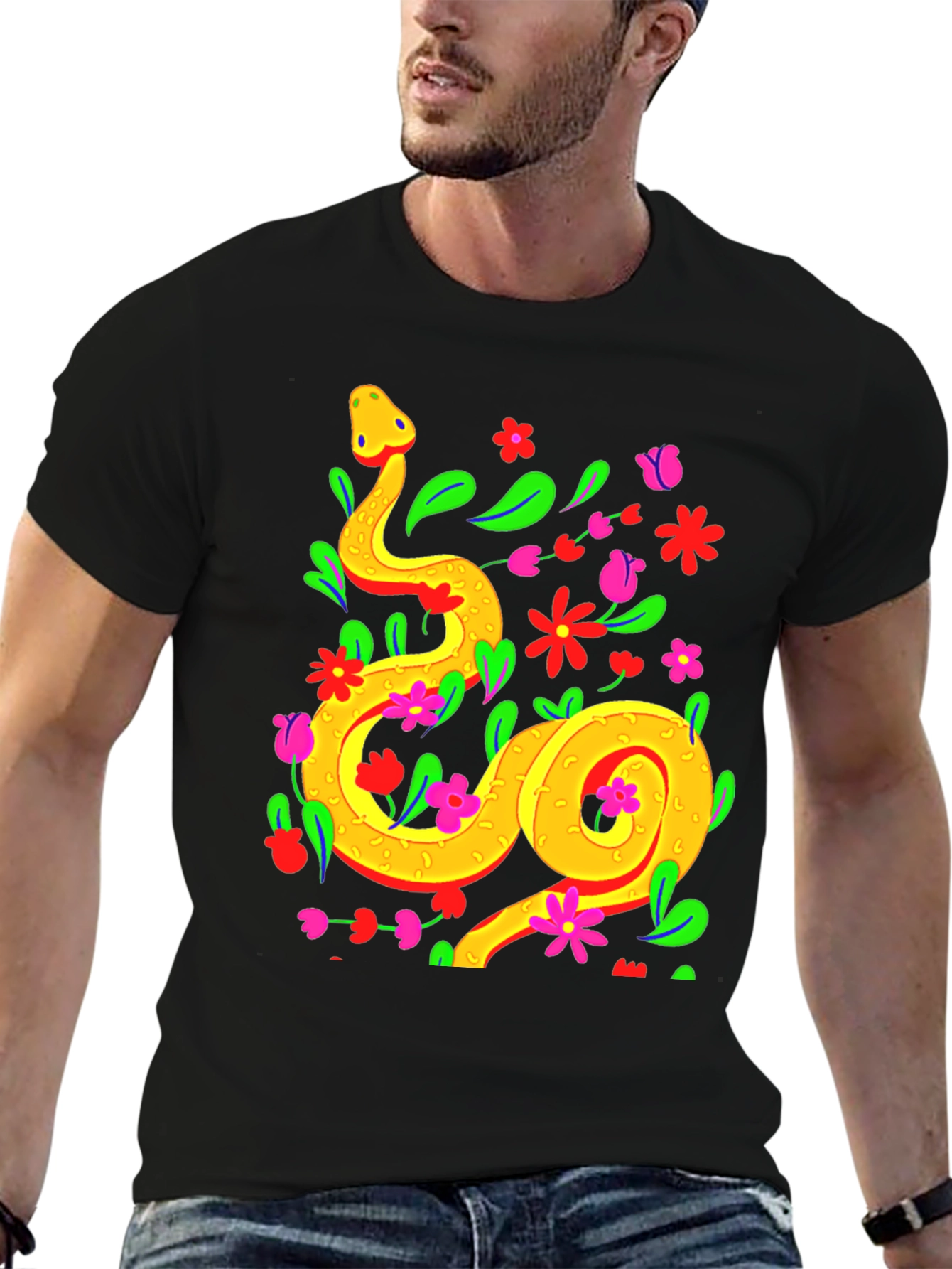 Black Floral Snake Graphic Tee - Stylish & Unique view 6