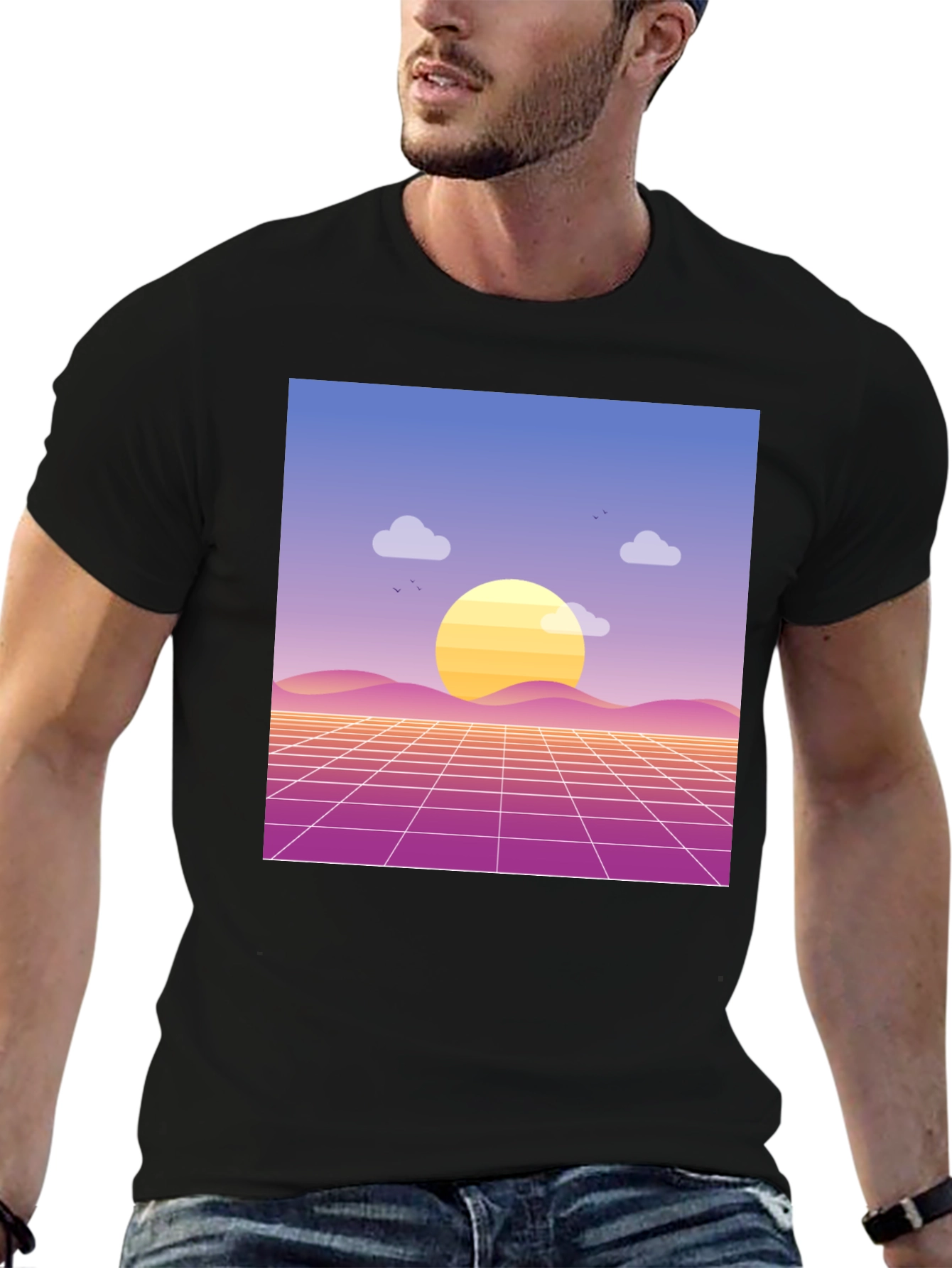 Black Retro Sunset Graphic Tee - Black Cotton Blend view 6