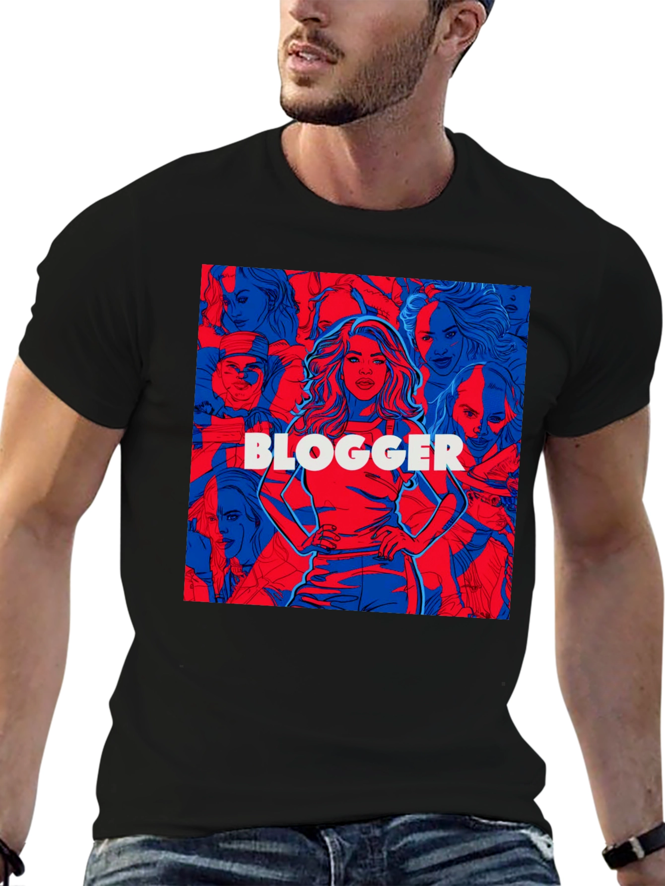 Black Blogger Graphic Print Crew Neck T-Shirt view 6