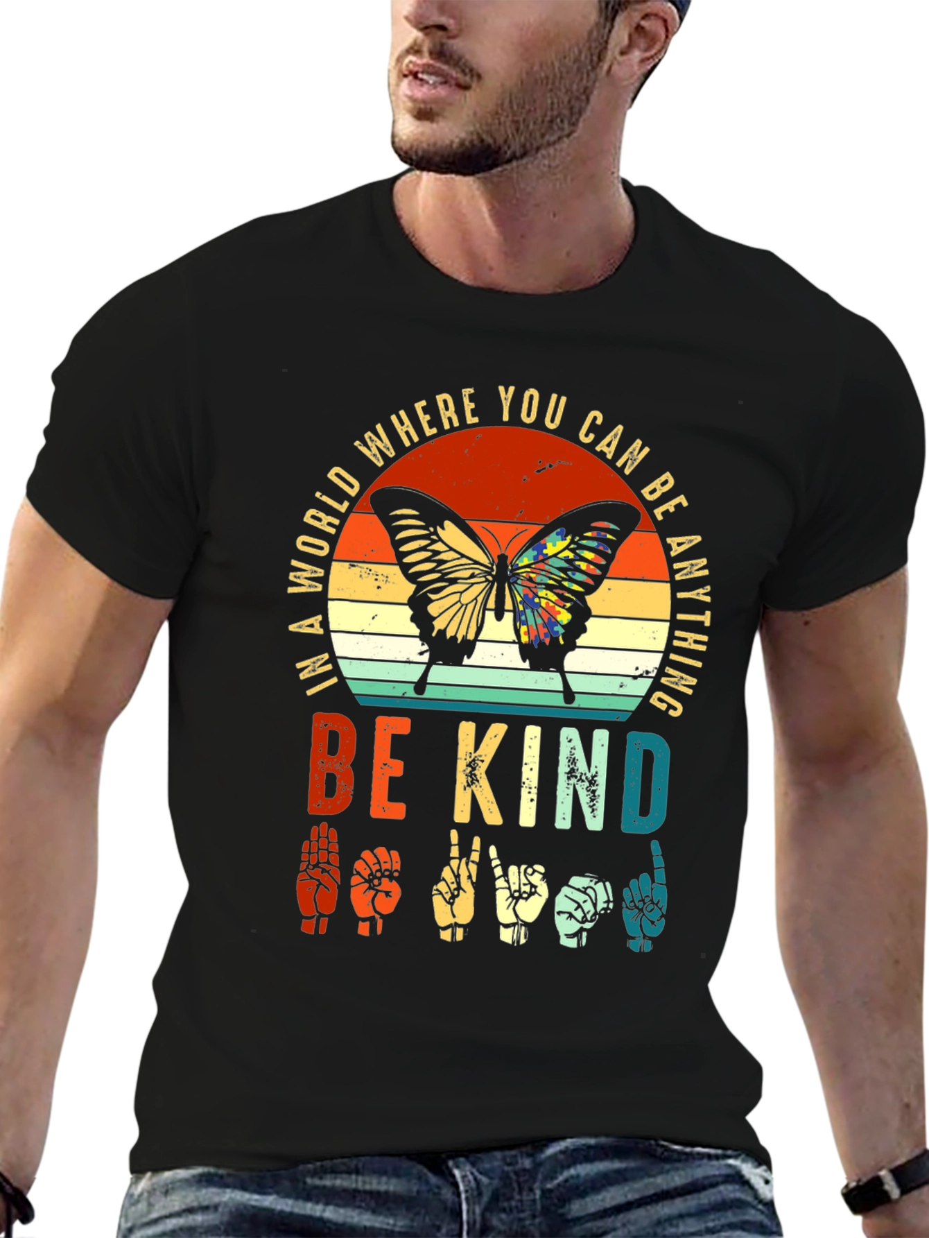 Black Be Kind Sign Language Butterfly T-Shirt view 6