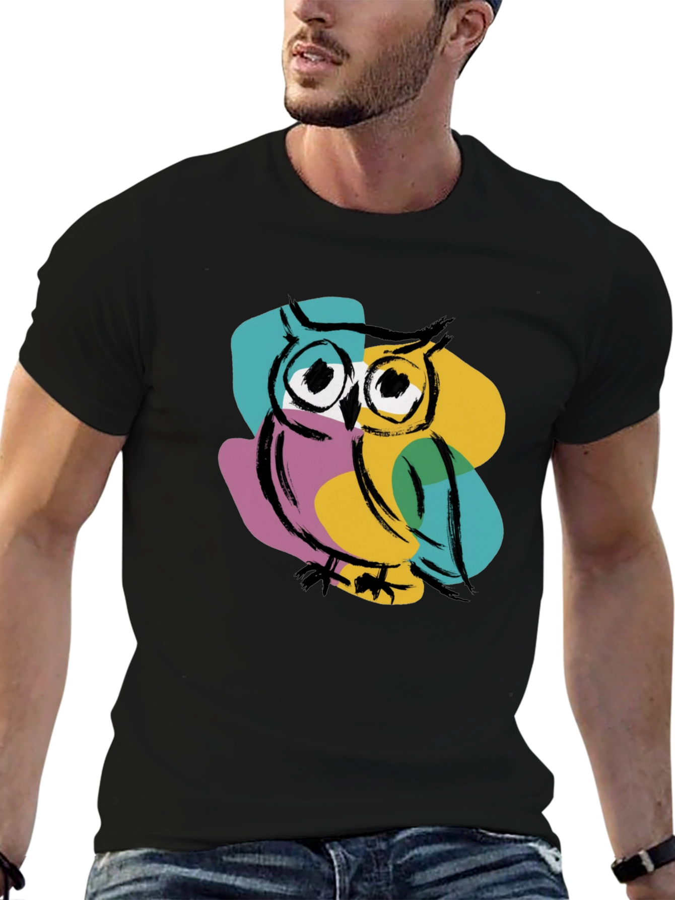 Black Cool Owl Graphic Print T-Shirt - Black view 6