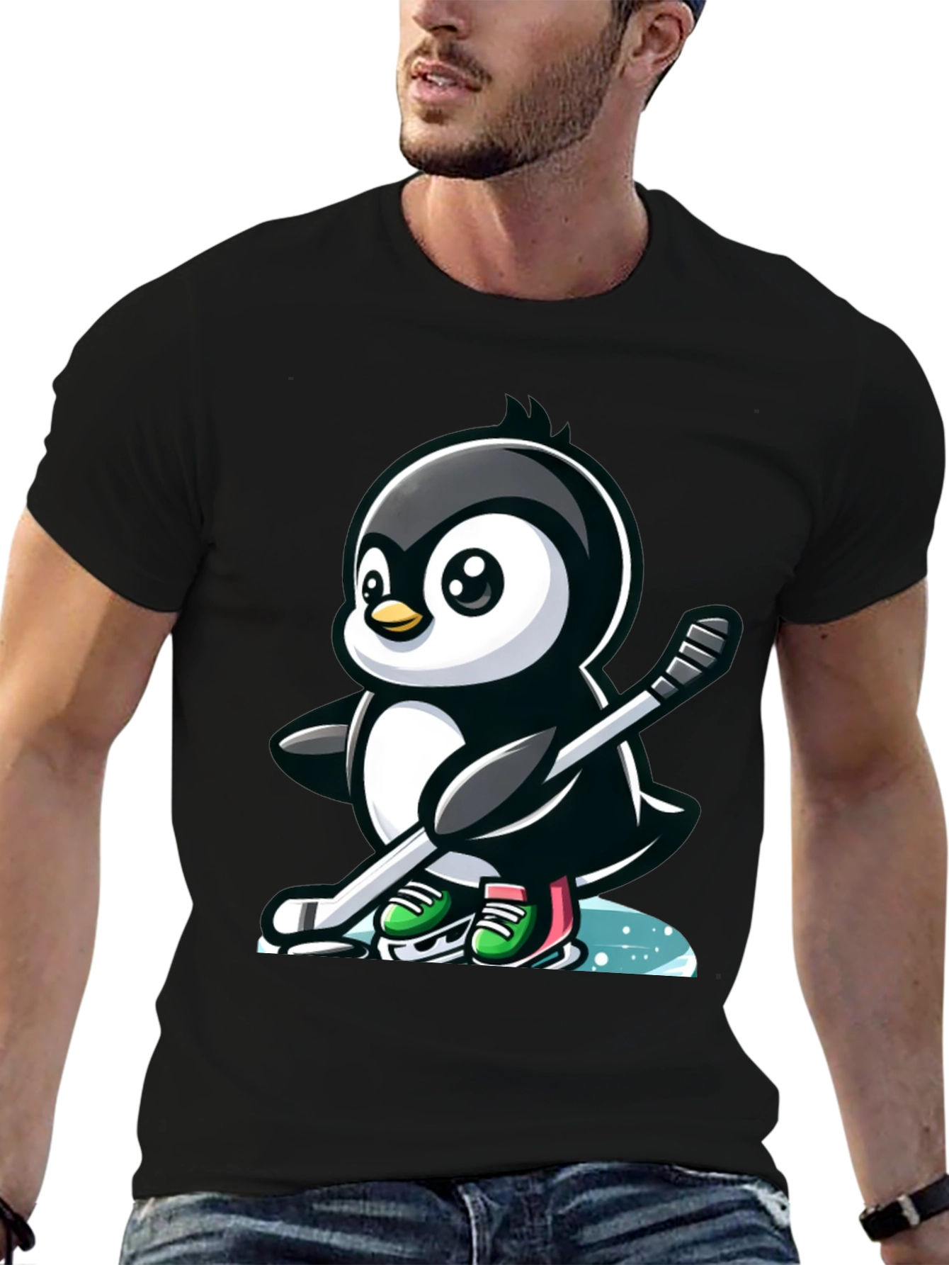 Black Hockey Penguin T-Shirt - Cool Cartoon Tee view 6