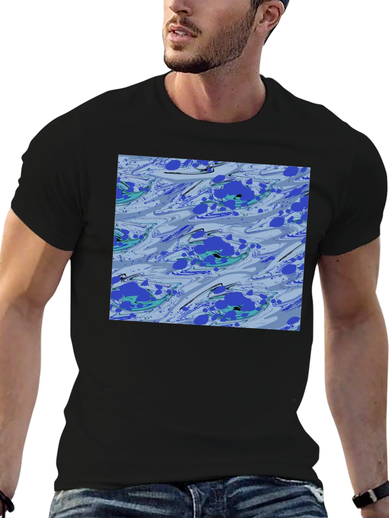 Black Abstract Blue Pattern Black T-Shirt view 6