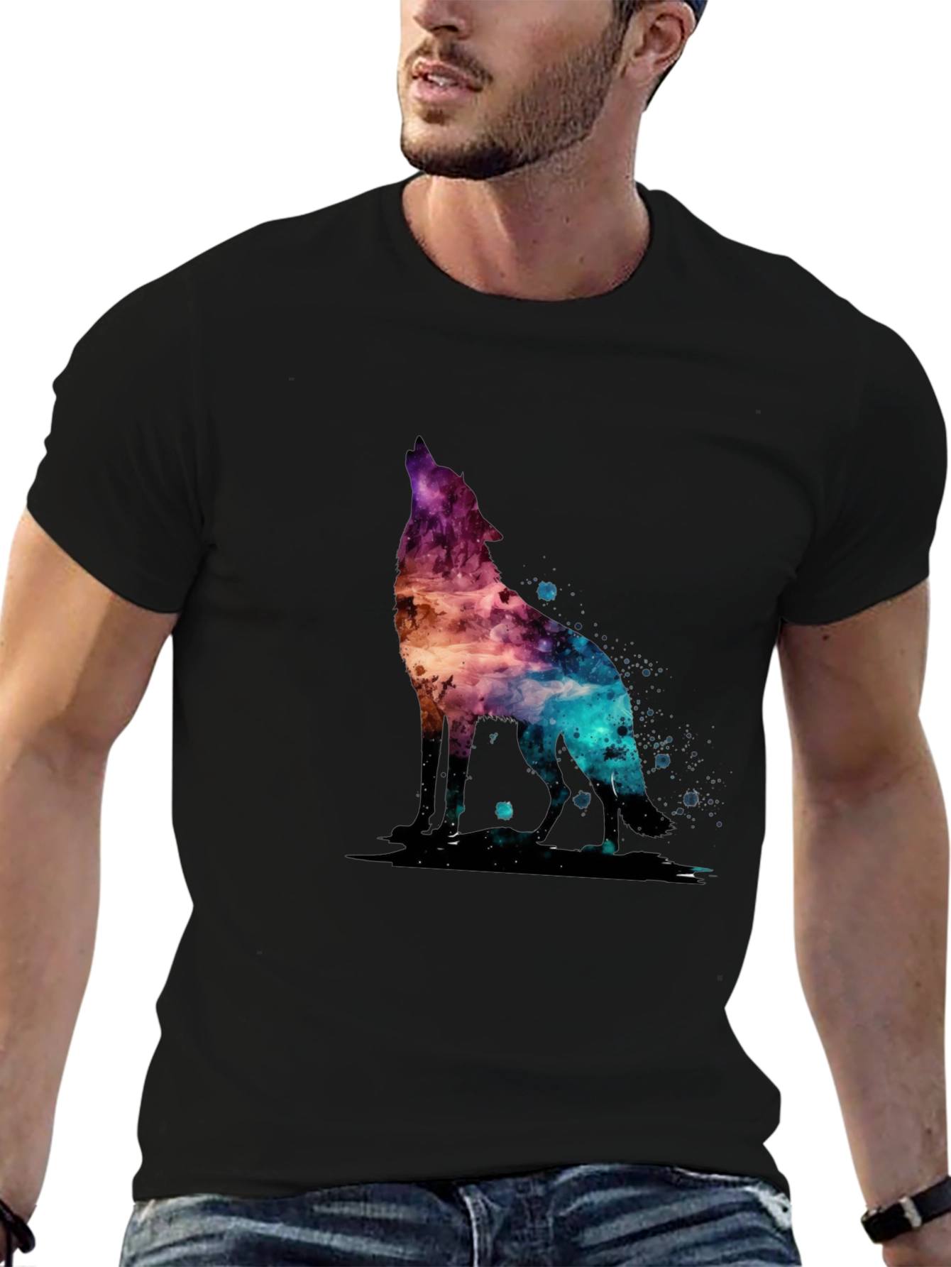 Black Galaxy Wolf Graphic T-Shirt - Stylish Men's Tee view 6