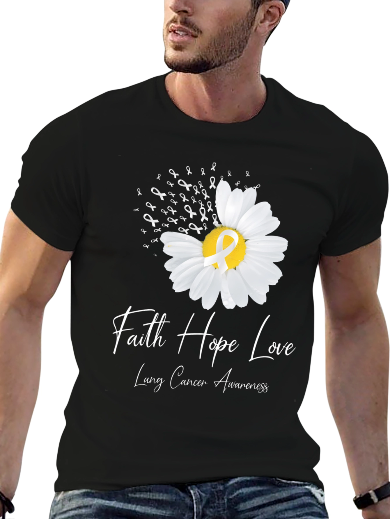 Black Faith Hope Love Lung Cancer Awareness T-Shirt view 6