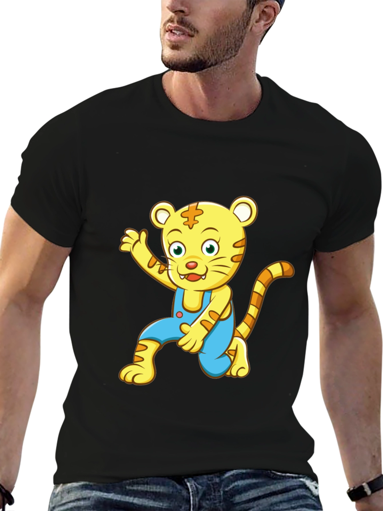 Black Cartoon Tiger Graphic Tee - Black Unisex T-Shirt view 6