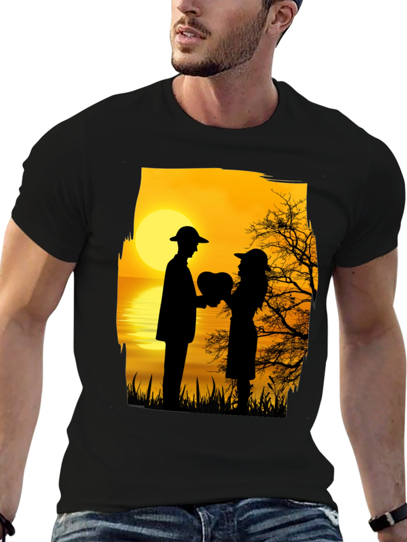 Black Romantic Sunset Silhouette T-Shirt view 6