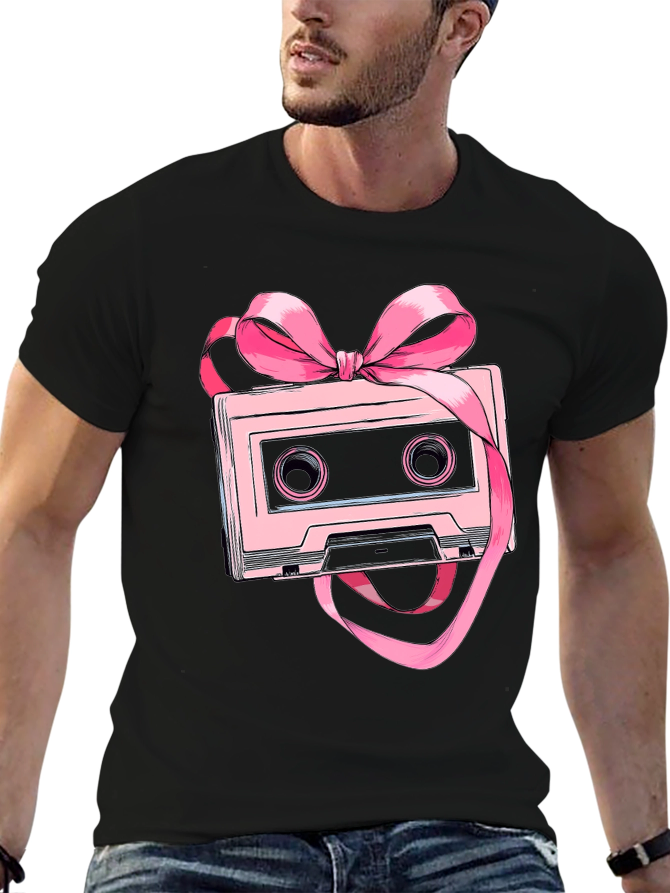 Black Retro Cassette Tape Pink Bow T-Shirt view 6