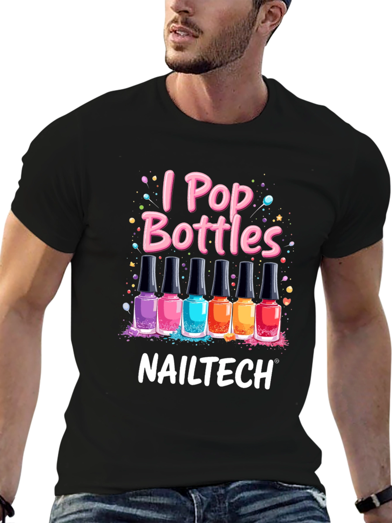 Black I Pop Bottles Nail Tech T-Shirt view 6