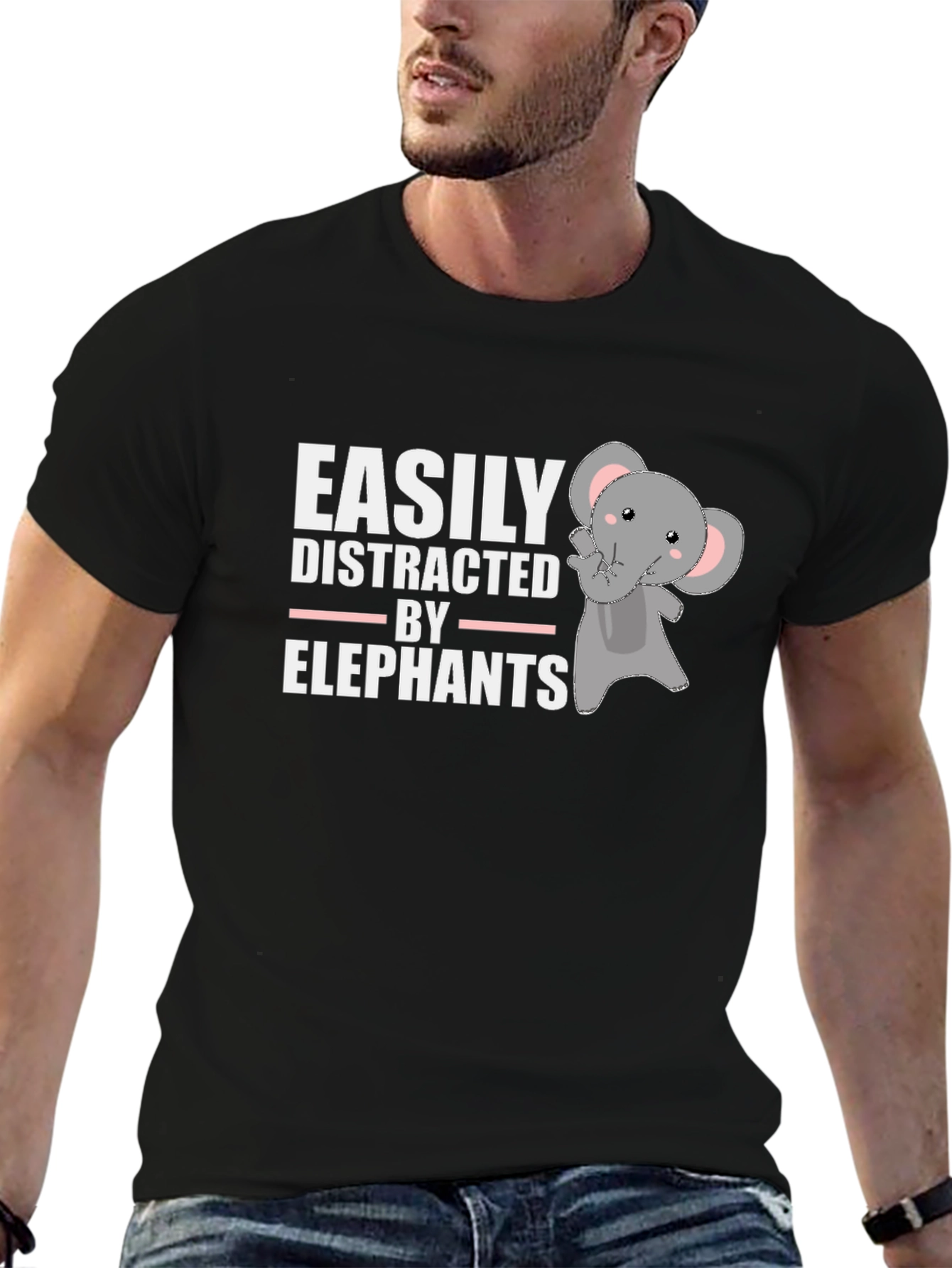Black Easily Distracted By Elephants T-Shirt view 6