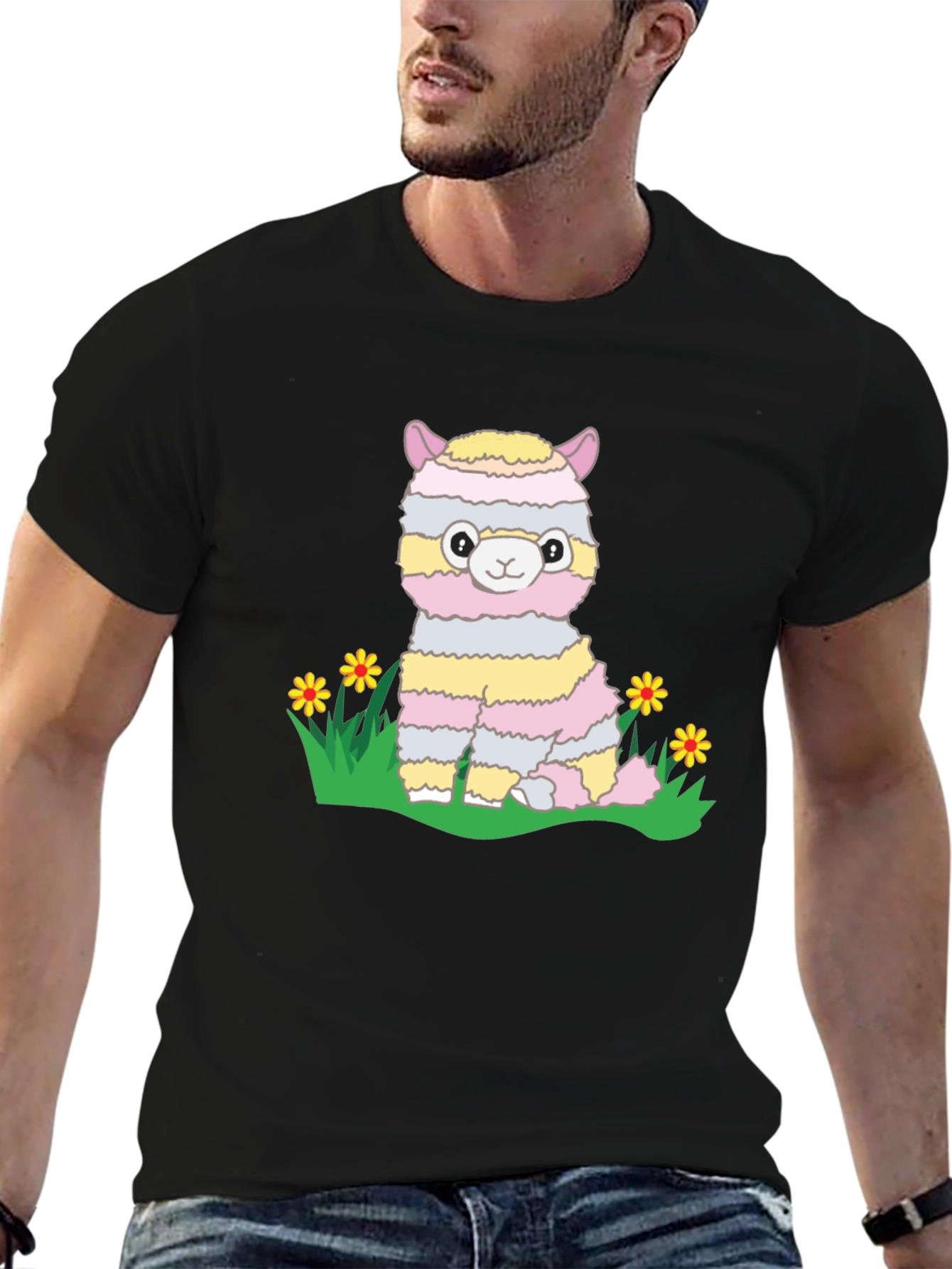 Black Cute Llama T-Shirt - Striped Alpaca Graphic Tee view 6