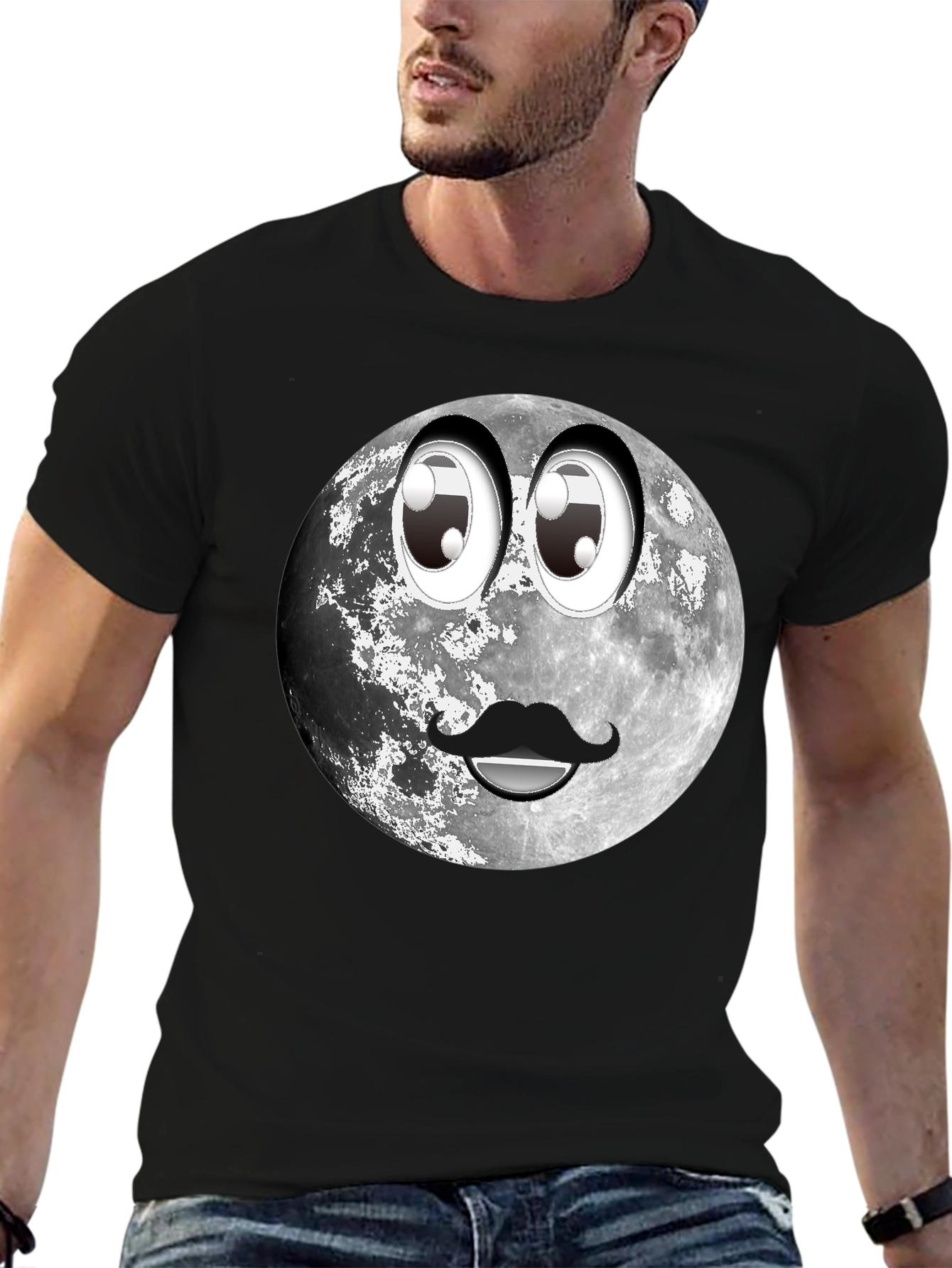 Black Humorous Moon Face Graphic Tee - Black view 6