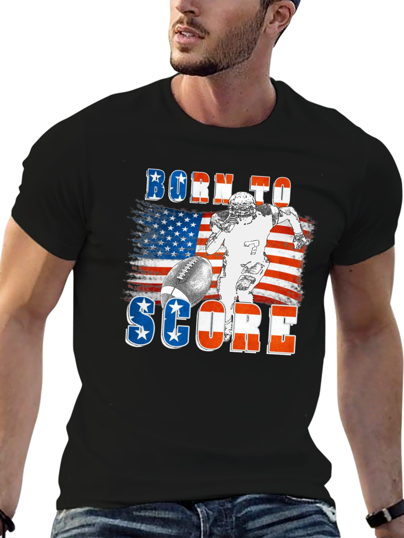 Black Born To Score Football USA Flag T-Shirt view 6