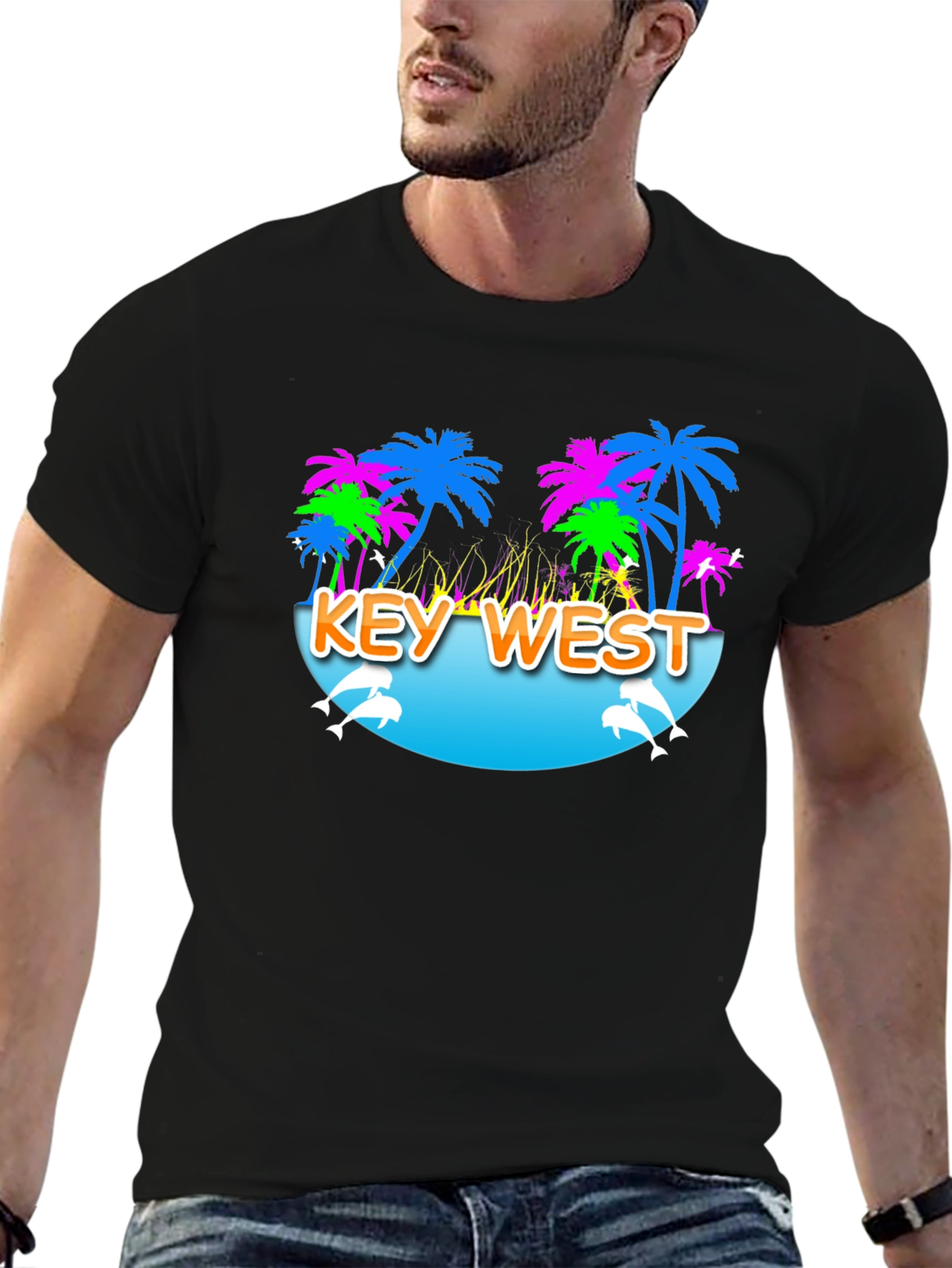 Black Key West Palm Tree Dolphin Graphic Tee view 6