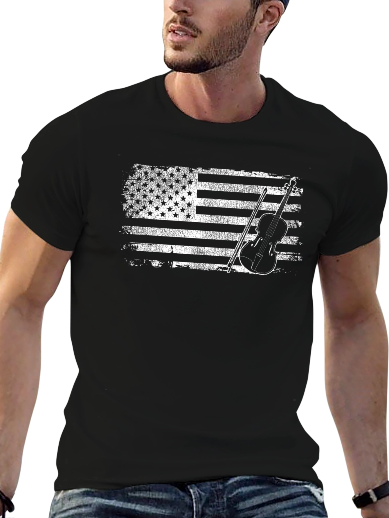 Black American Flag Violin T-Shirt view 6