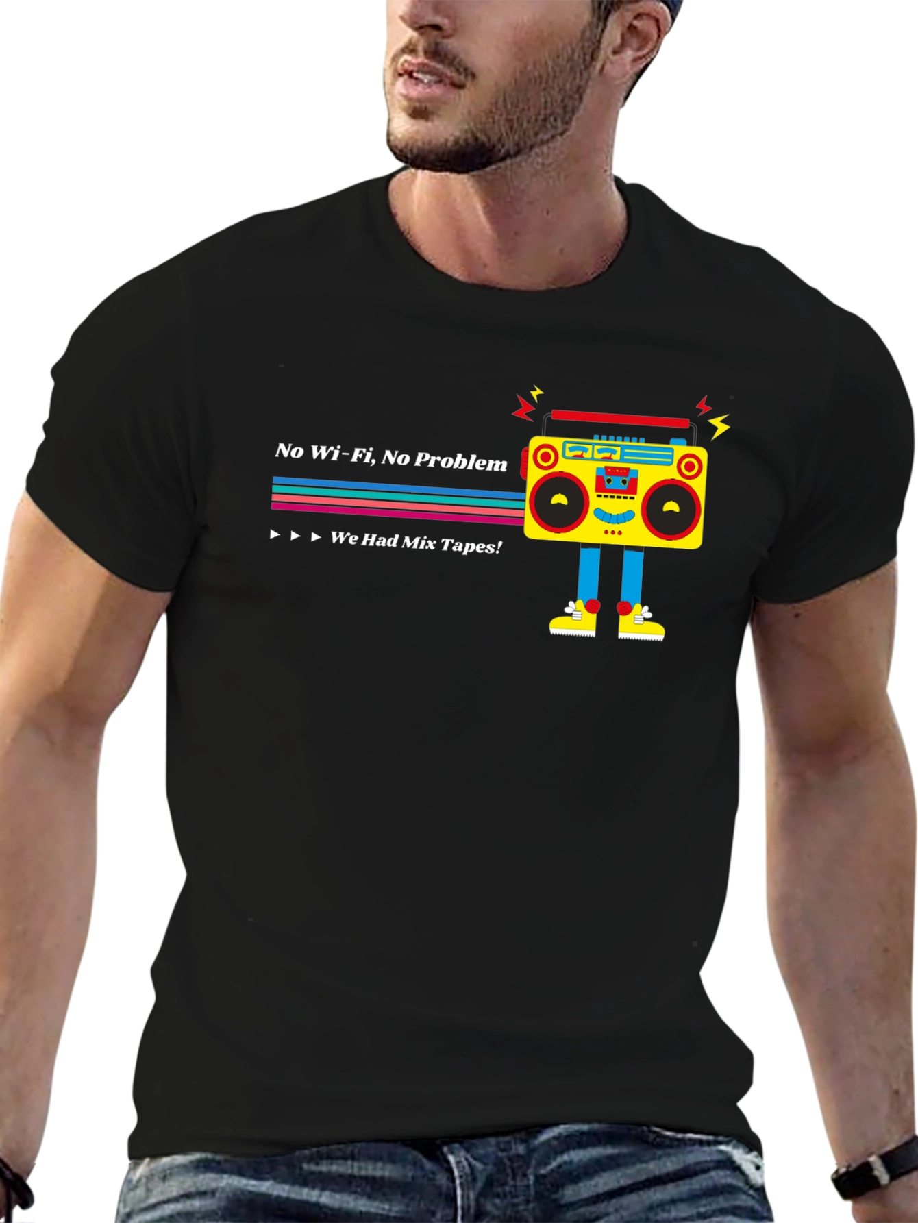 Black Retro Boombox T-Shirt - No Wifi, No Problem! view 6