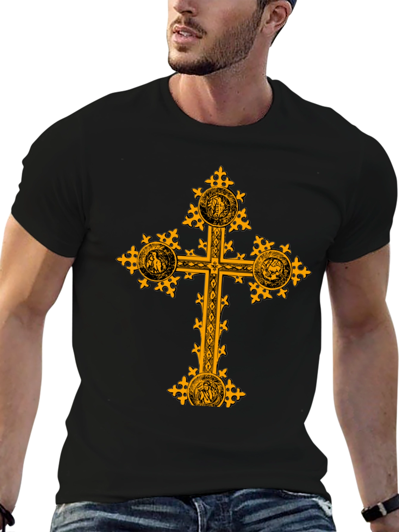 Black Ornate Gold Cross Graphic Print Black T-Shirt view 6