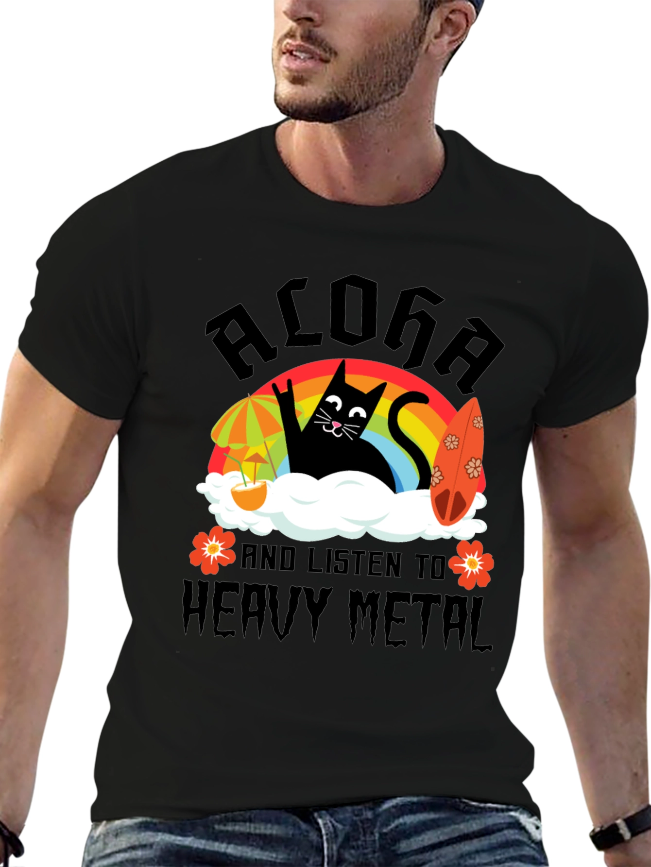 Black Aloha Heavy Metal Black Cat Graphic Tee view 6