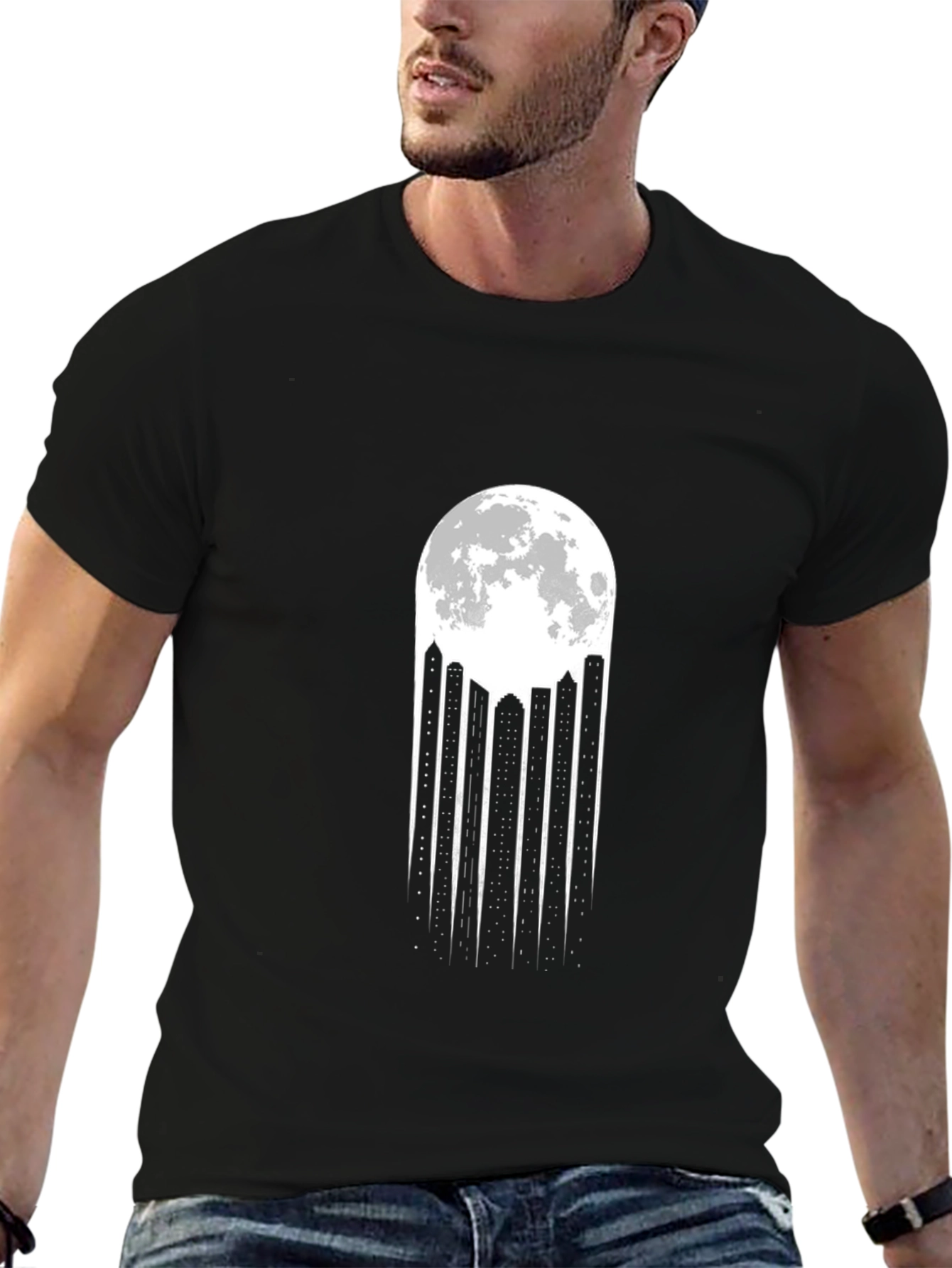 Black Moonlit Cityscape Black T-Shirt view 6
