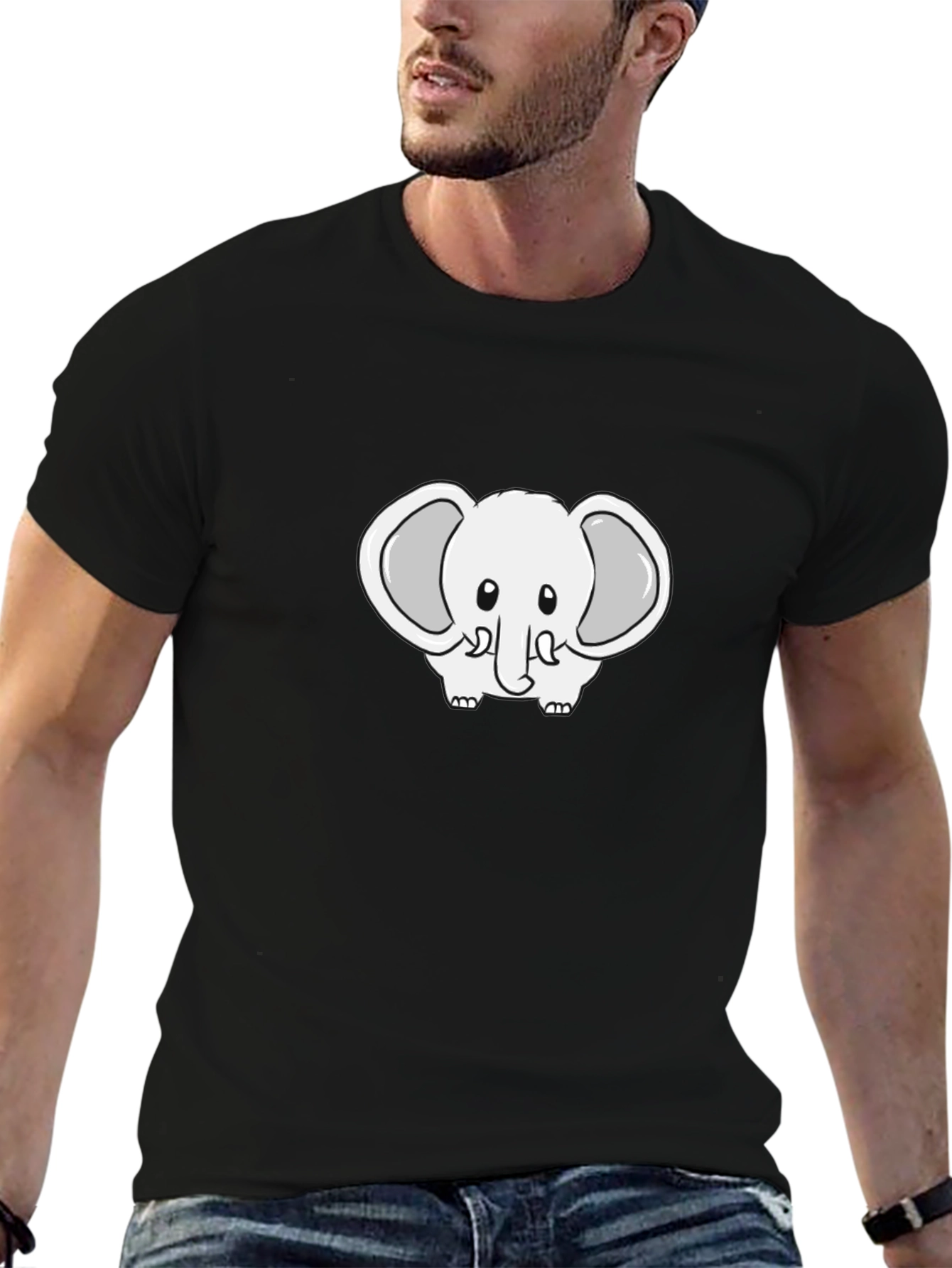 Black Cute Cartoon Elephant Black T-Shirt view 6