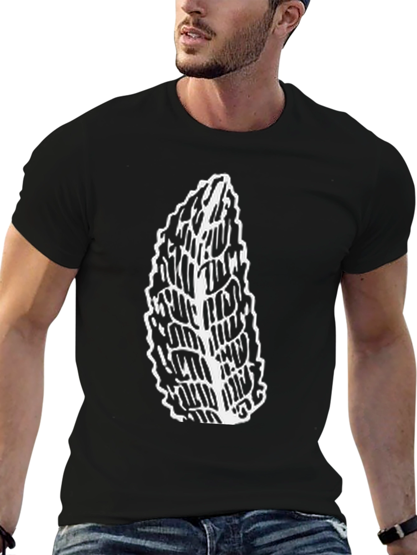 Black Men's Black Tee with Abstract Leaf Design view 6