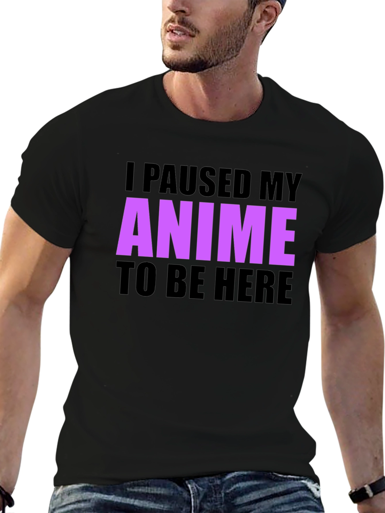 Black Anime Paused Graphic T-Shirt - Casual Crew Neck Tee view 6