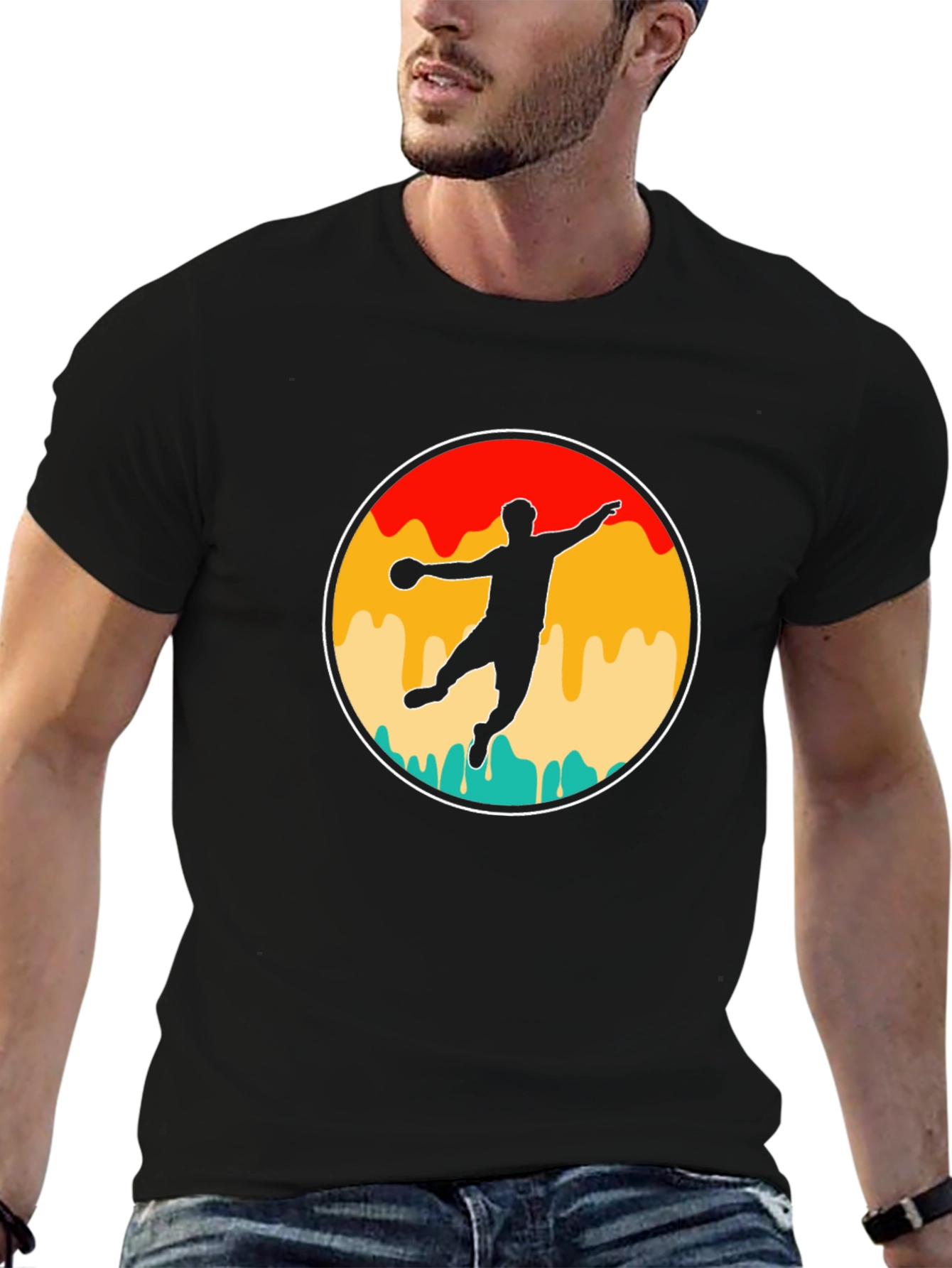 Black Retro Handball Player T-Shirt view 6