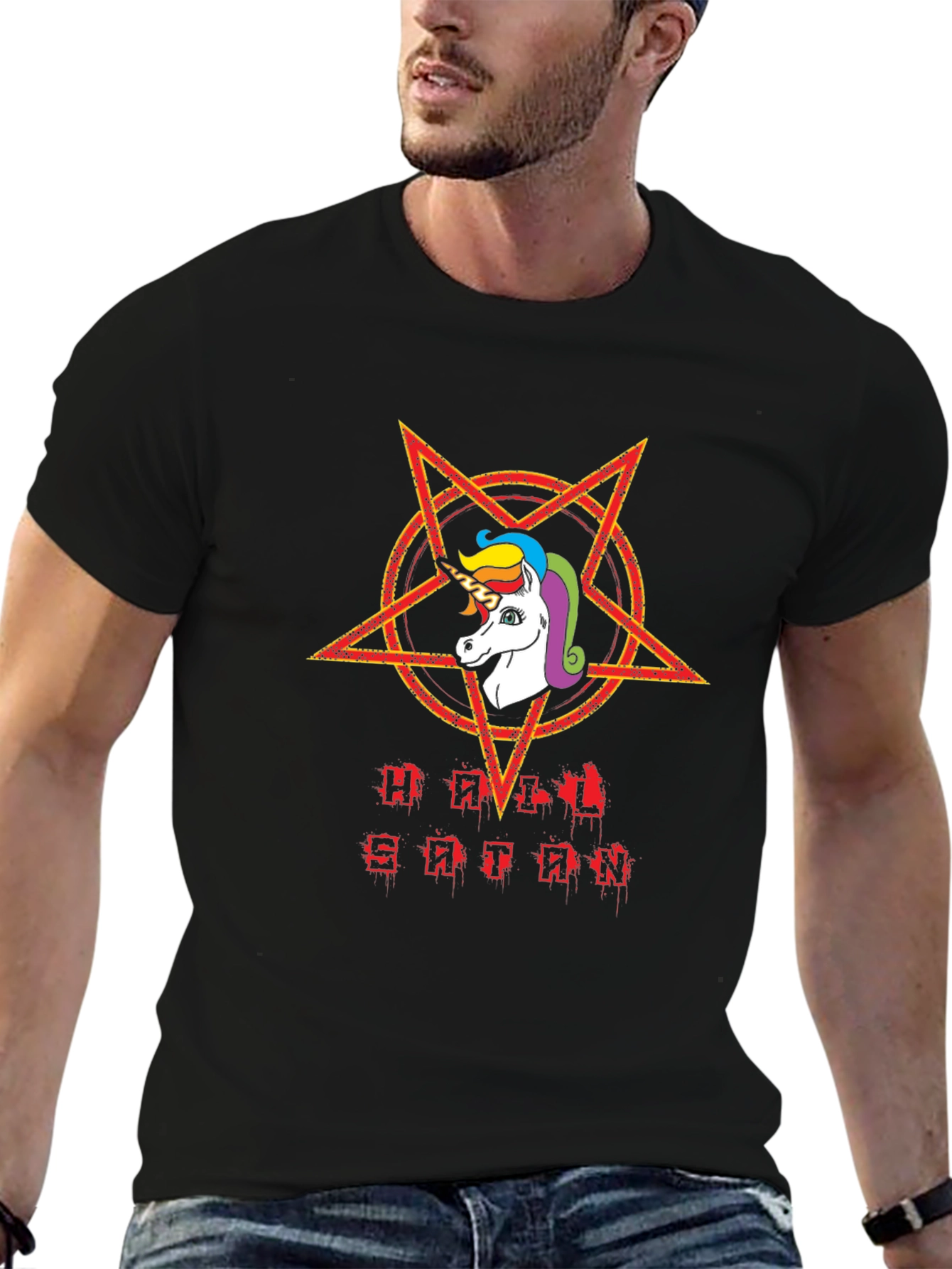 Black Unicorn Pentagram T-Shirt: Hail Satan Graphic Tee view 6