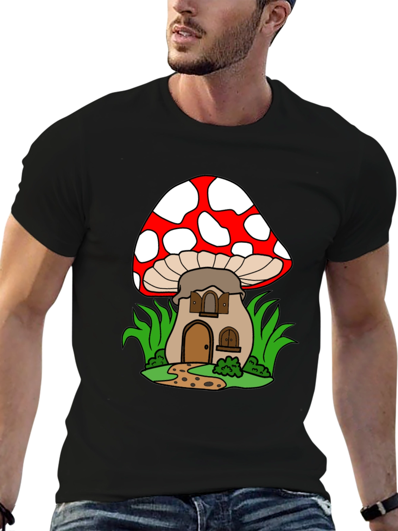 Black Mushroom House Graphic Tee - Fun & Unique Design view 6
